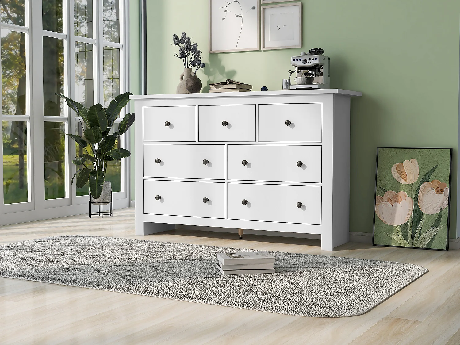 Aparador moderno de grande capacidade para sala de jantar com 7 gavetas, 152 x 40 x 88 cm, branco