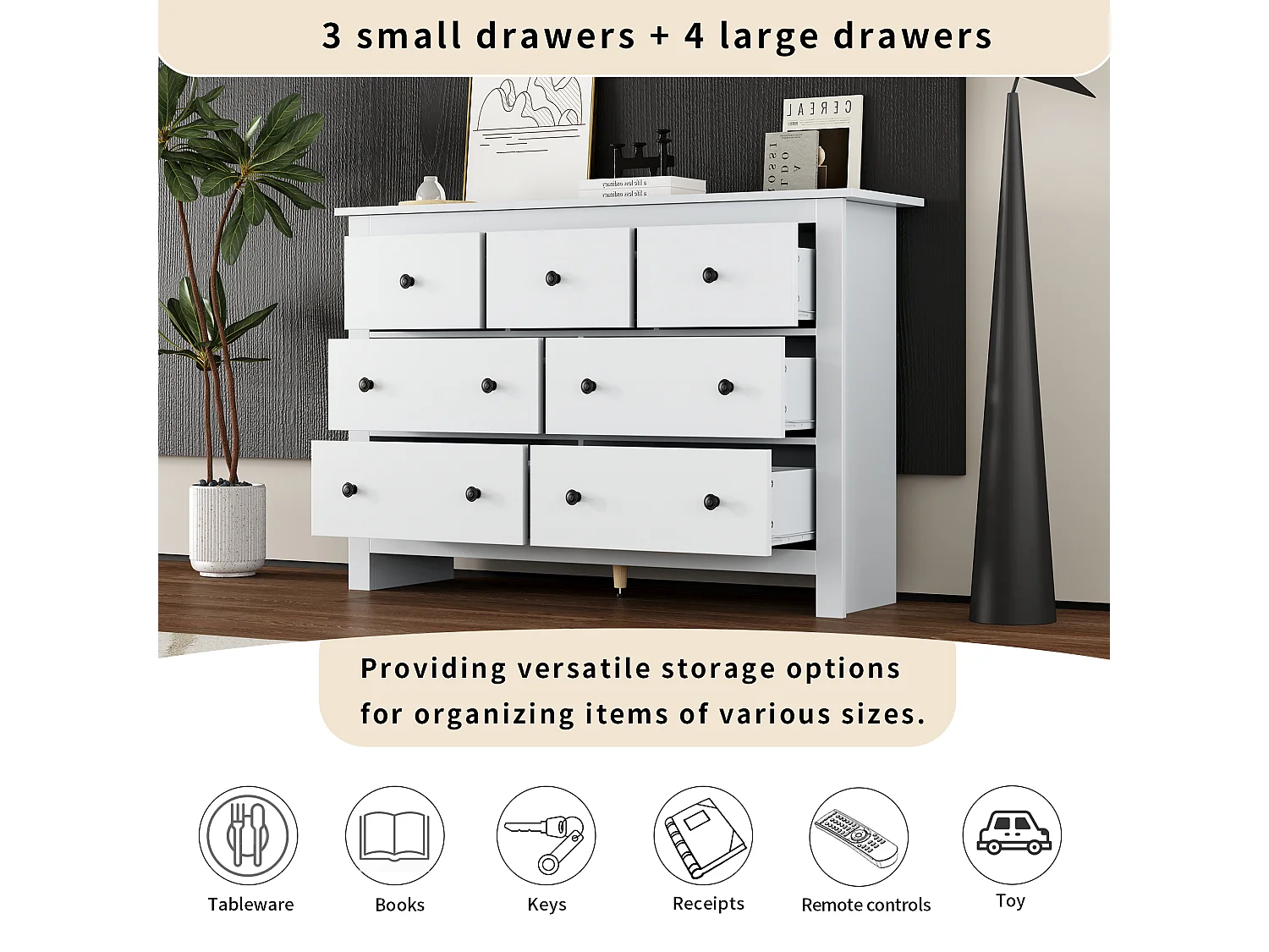 Aparador moderno de grande capacidade para sala de jantar com 7 gavetas, 152 x 40 x 88 cm, branco