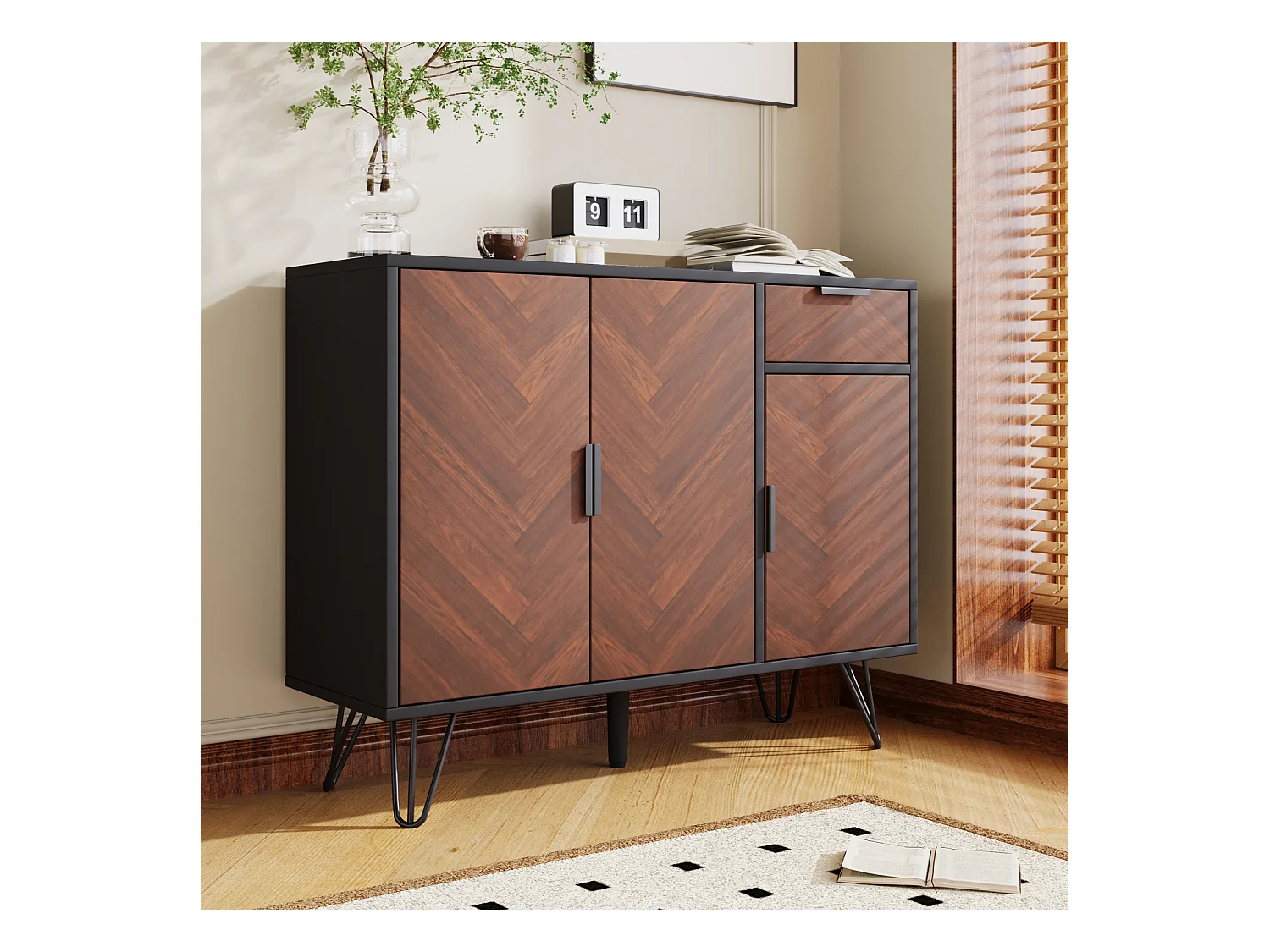 Buffet, Armoire de rangement moderne avec pieds en métal, Pour couloir, salon - 90x30x71,5 cm, Noir