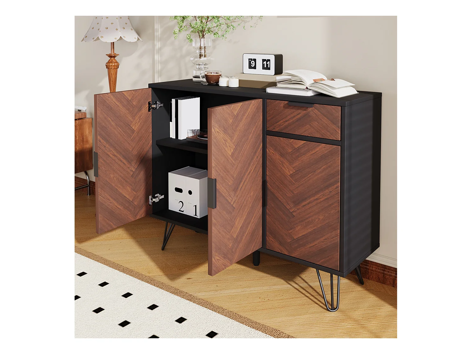 Buffet, Armoire de rangement moderne avec pieds en métal, Pour couloir, salon - 90x30x71,5 cm, Noir