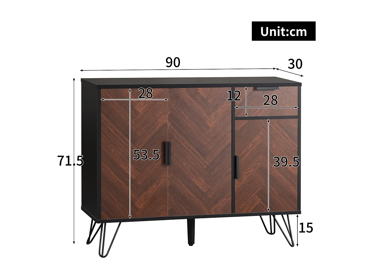 Buffet, Armoire de rangement moderne avec pieds en métal, Pour couloir, salon - 90x30x71,5 cm, Noir