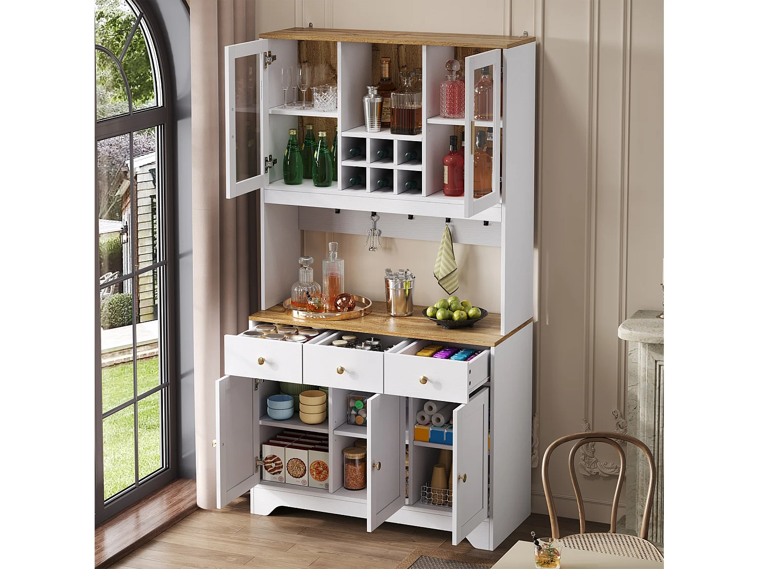 Buffet haut en bois blanc, 94,5 x 30 x 175,5 cm, design moderne pour salon et salle à manger