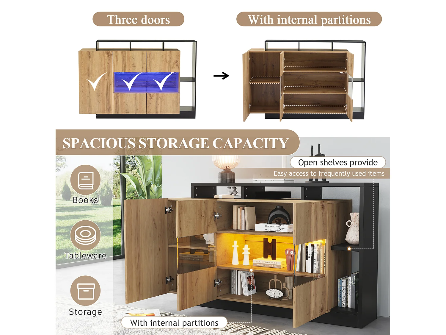 Aparador moderno de MDF color madera y vidrio, mueble de comedor para salón, con LED, 139 x 44 x 83 cm
