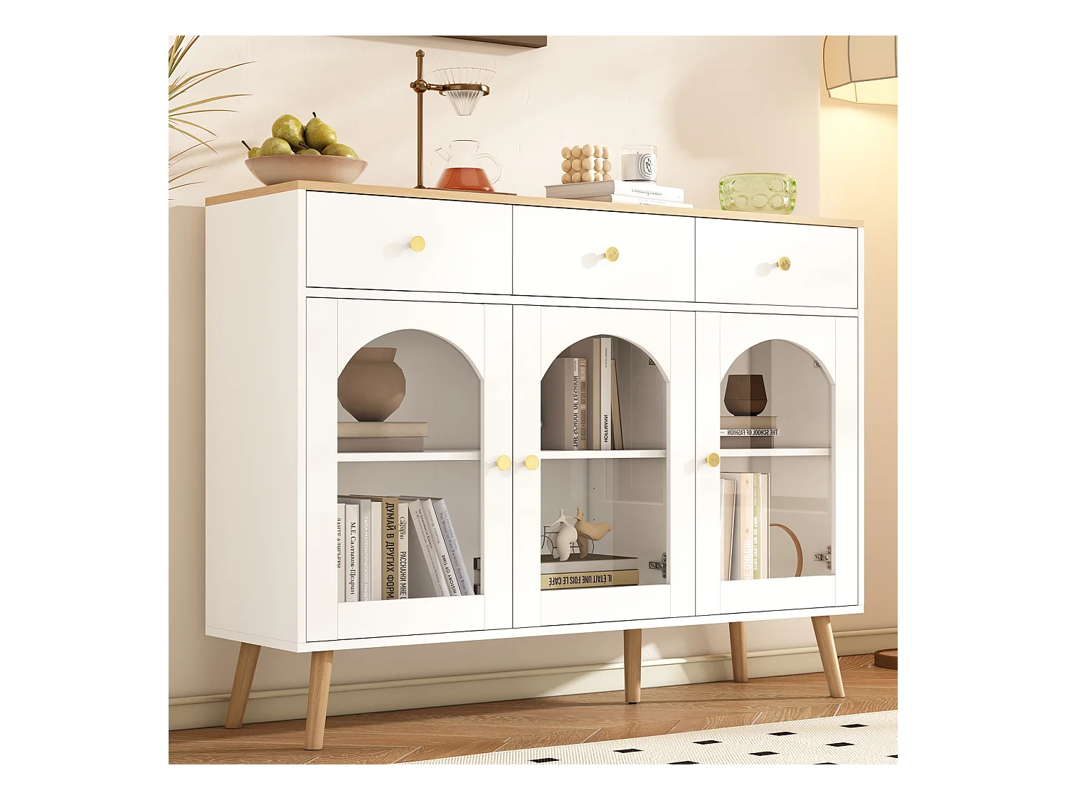 Aparador con 3 cajones y 3 puertas curvas en cristal templado, Cocina y Restaurante, 120x34x94, blanco