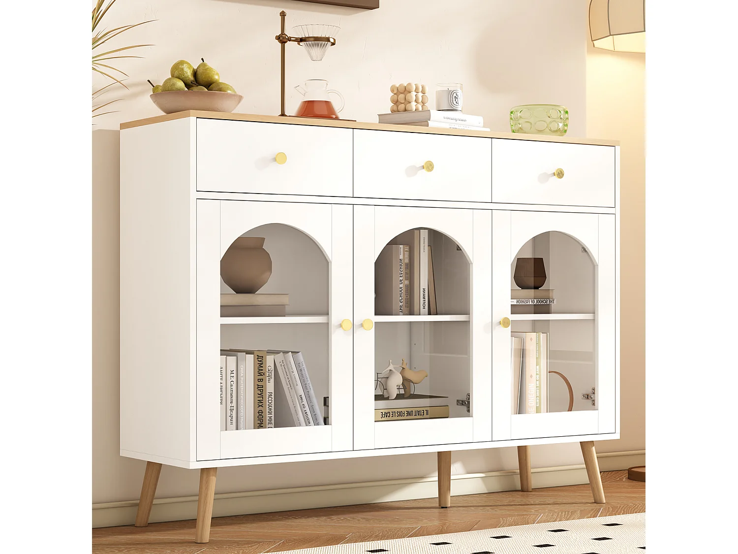 Buffet avec 3 tiroirs et 3 portes bombées en verre trempé, Cuisine et de Restaurant,120x34x94, blanc