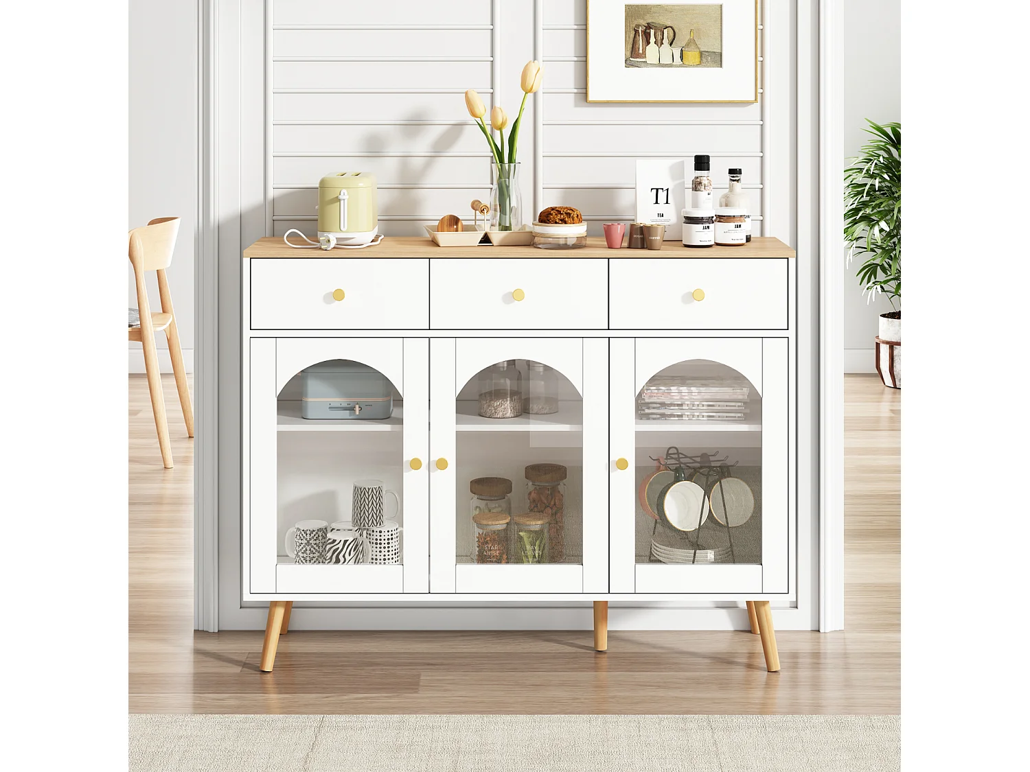 Buffet avec 3 tiroirs et 3 portes bombées en verre trempé, Cuisine et de Restaurant,120x34x94, blanc