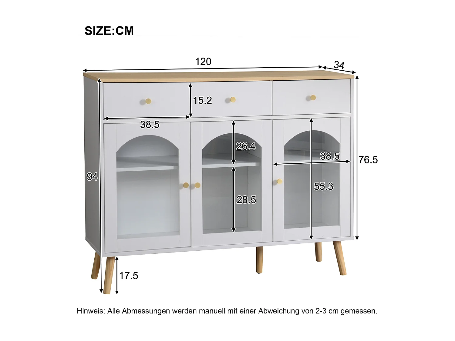Buffet avec 3 tiroirs et 3 portes bombées en verre trempé, Cuisine et de Restaurant,120x34x94, blanc