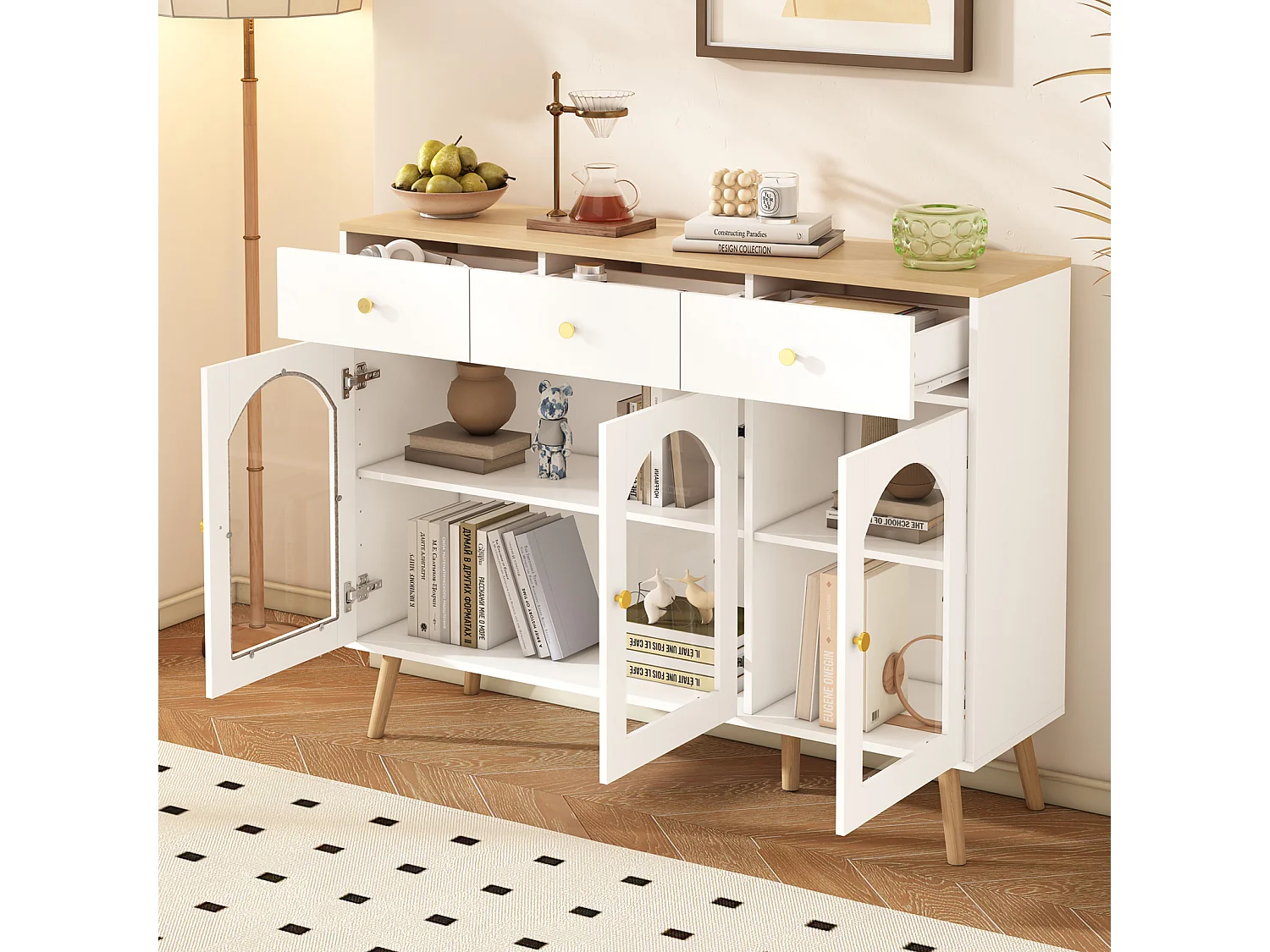 Buffet avec 3 tiroirs et 3 portes bombées en verre trempé, Cuisine et de Restaurant,120x34x94, blanc