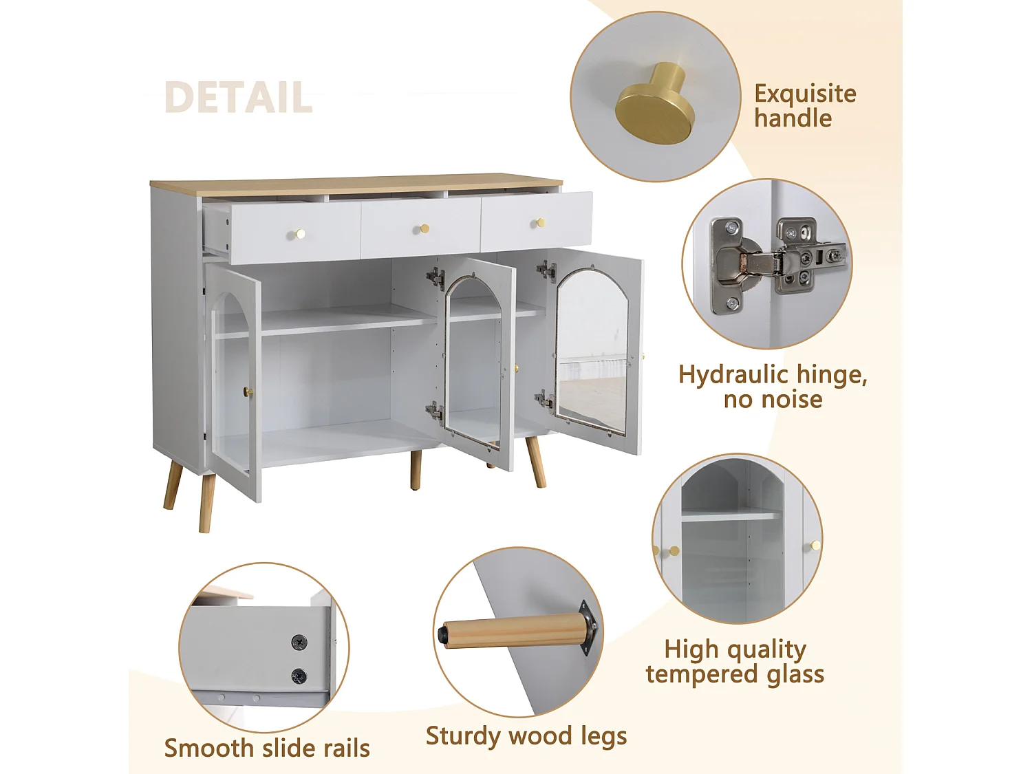 Buffet avec 3 tiroirs et 3 portes bombées en verre trempé, Cuisine et de Restaurant,120x34x94, blanc