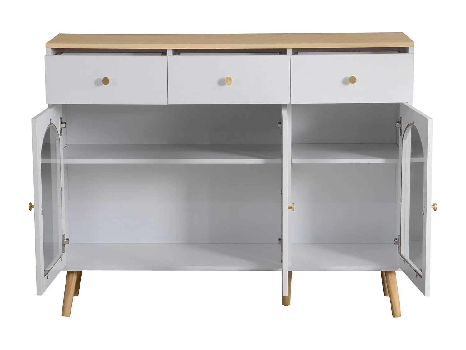 Buffet avec 3 tiroirs et 3 portes bombées en verre trempé, Cuisine et de Restaurant,120x34x94, blanc