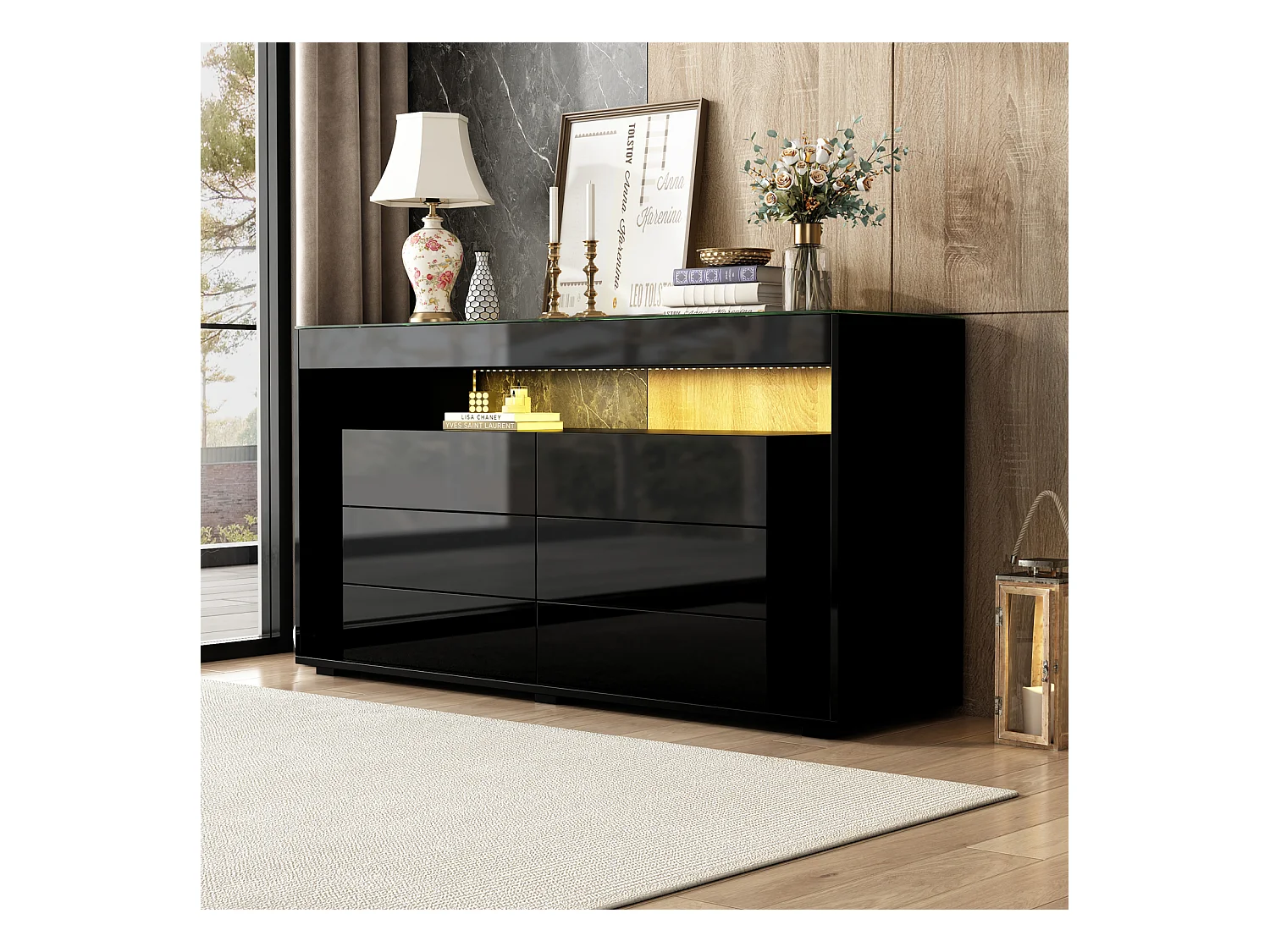 Buffet de salon à 6 tiroirs avec  LED et plateau en verre trempé pour salon, salle à manger, Noir