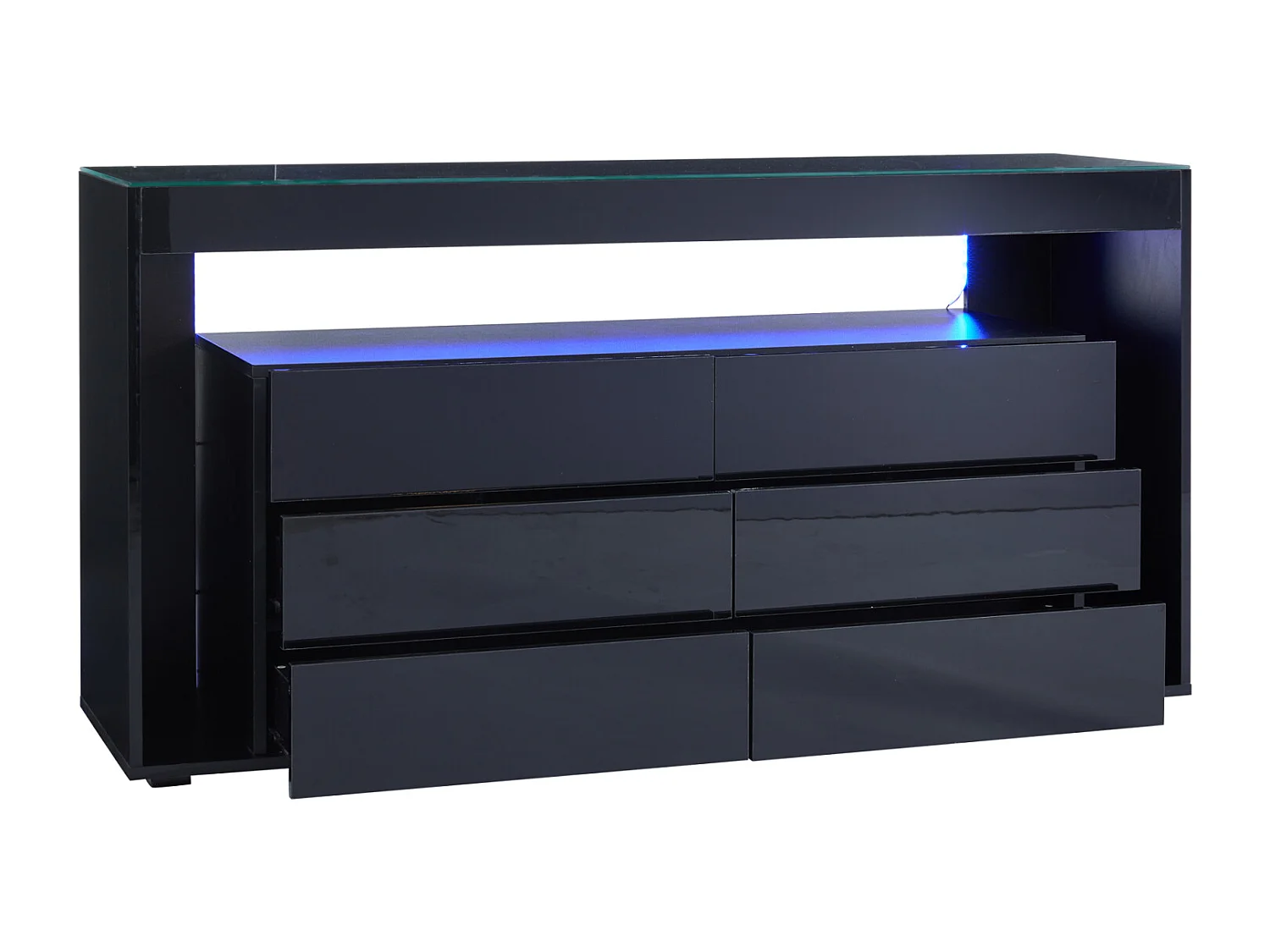 Aparador de 6 cajones con LED y cubierta de vidrio templado para sala de estar y comedor, color negro