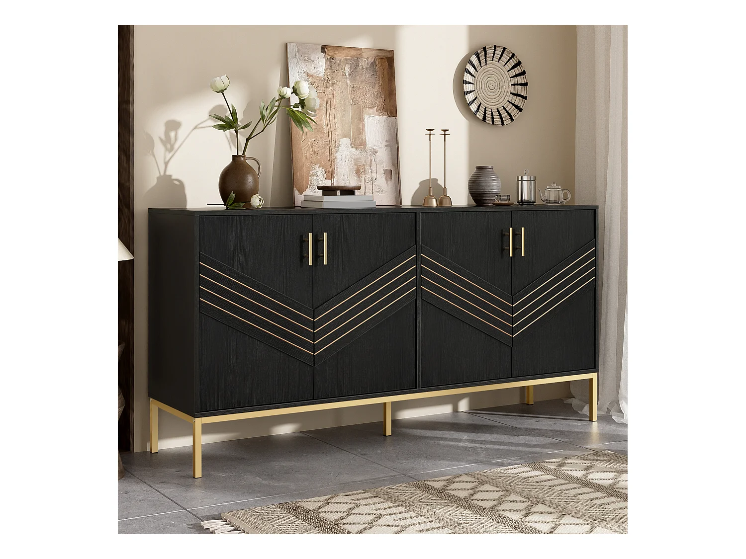 Aparador moderno de 4 portas em preto e dourado - MDF, pés de metal, para sala de estar e sala de jantar