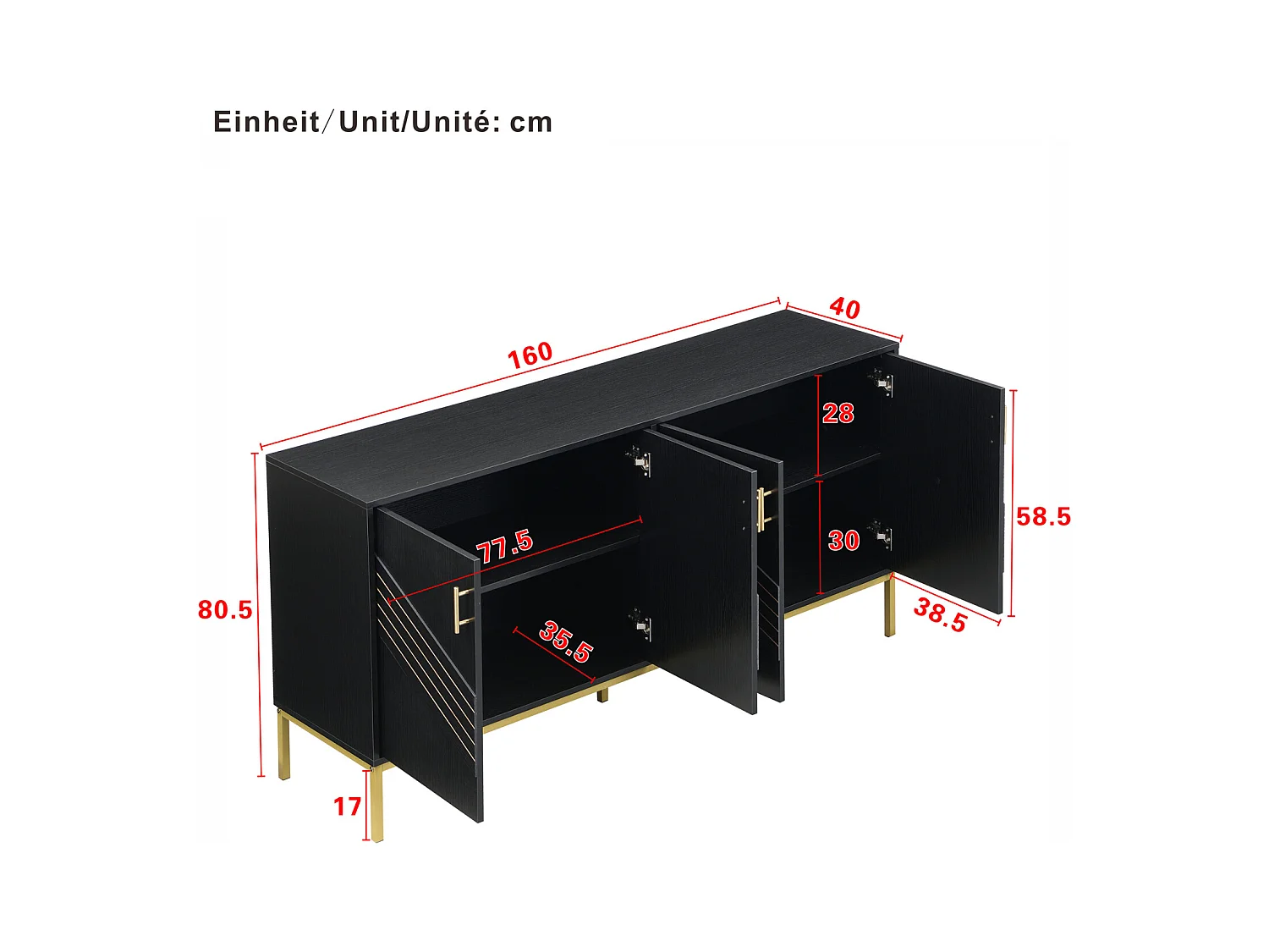 Aparador moderno de 4 portas em preto e dourado - MDF, pés de metal, para sala de estar e sala de jantar