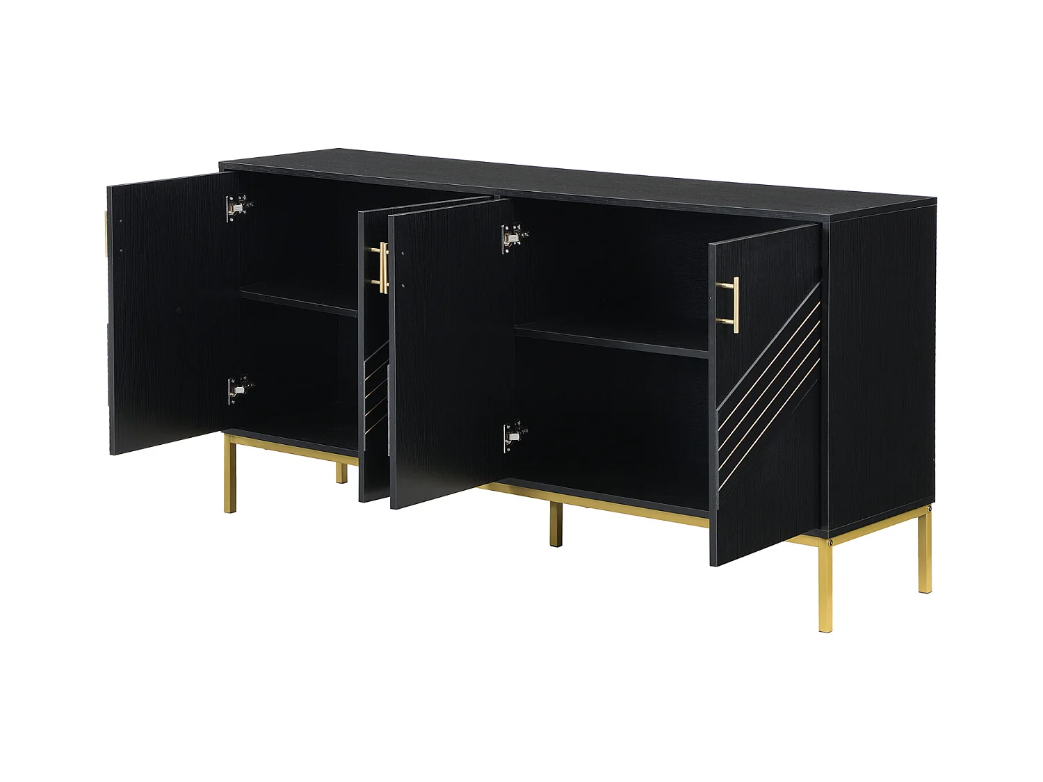 Aparador moderno de 4 portas em preto e dourado - MDF, pés de metal, para sala de estar e sala de jantar