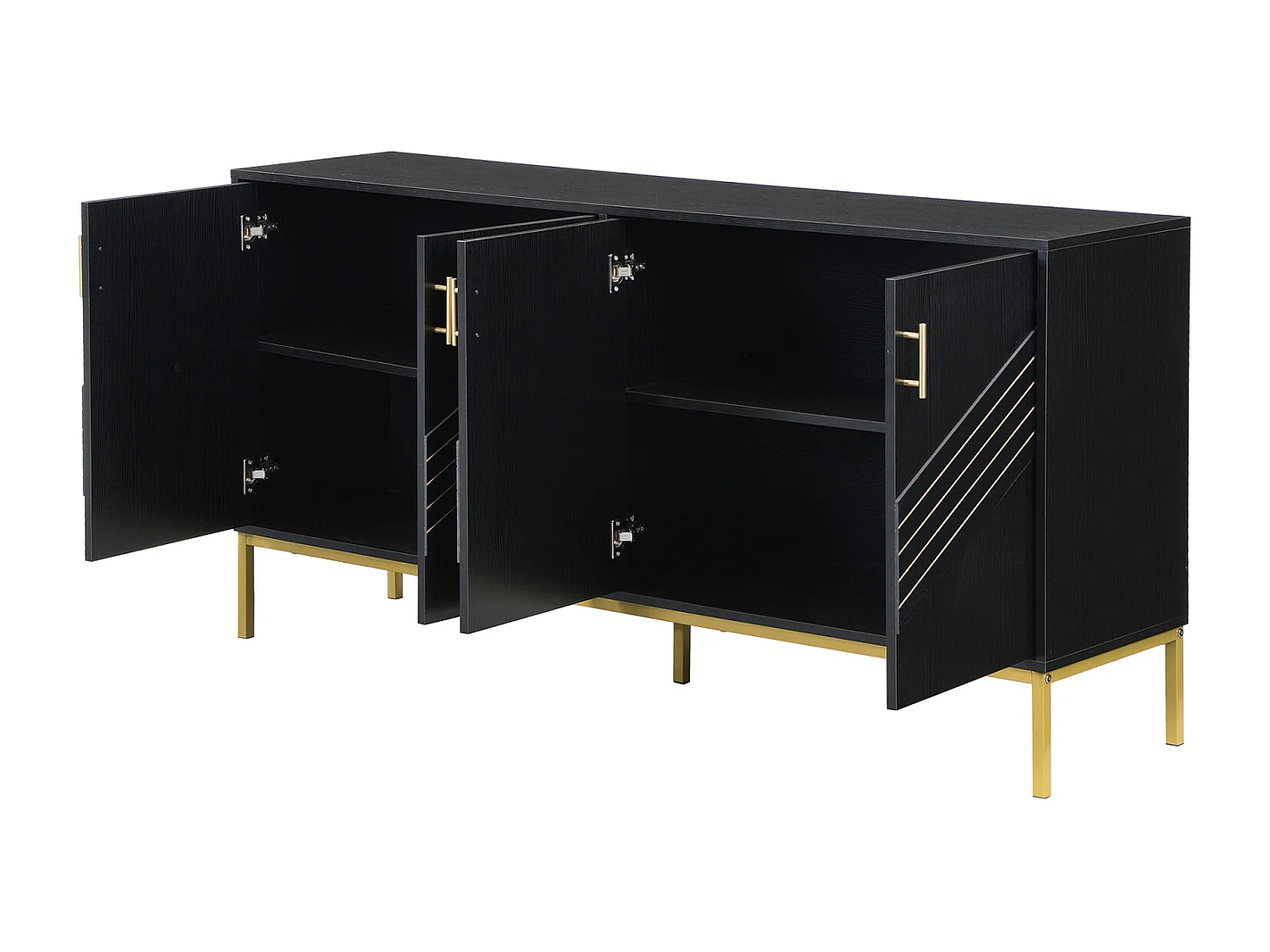Aparador moderno de 4 portas em preto e dourado - MDF, pés de metal, para sala de estar e sala de jantar