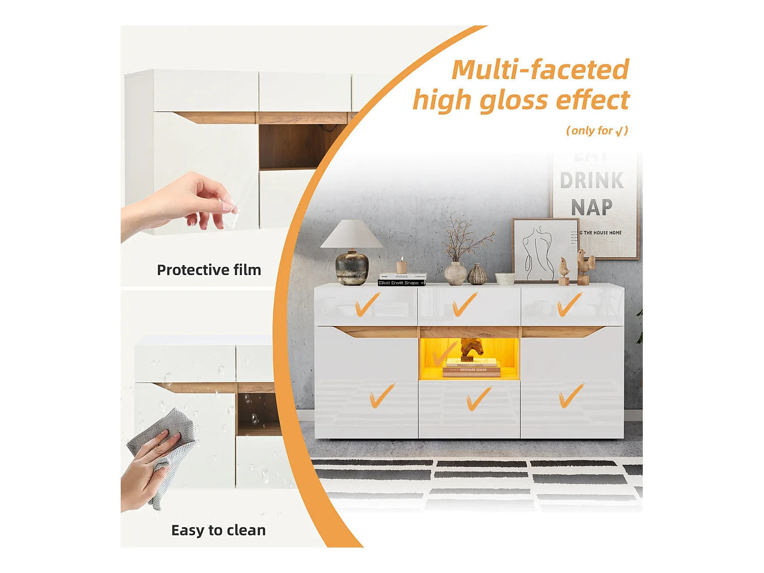 Aparador 140x40x70 cm, con 4 cajones y 2 puertas, LED, para salón, comedor, blanco