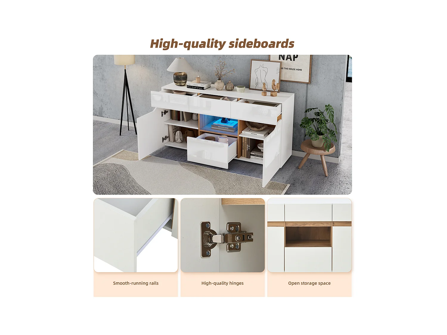 Aparador 140x40x70 cm, con 4 cajones y 2 puertas, LED, para salón, comedor, blanco