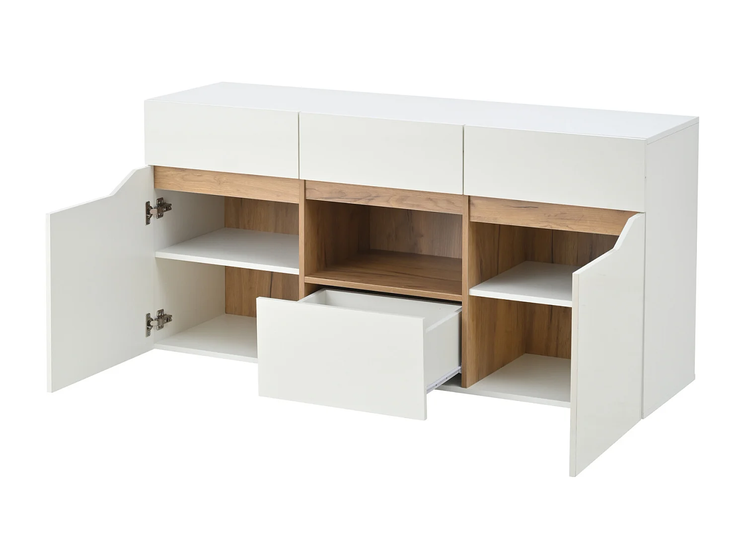 Buffet 140 x 40 x 70 cm, avec 4 tiroirs et 2 portes, LED, pour salon, salle à manger, blanc