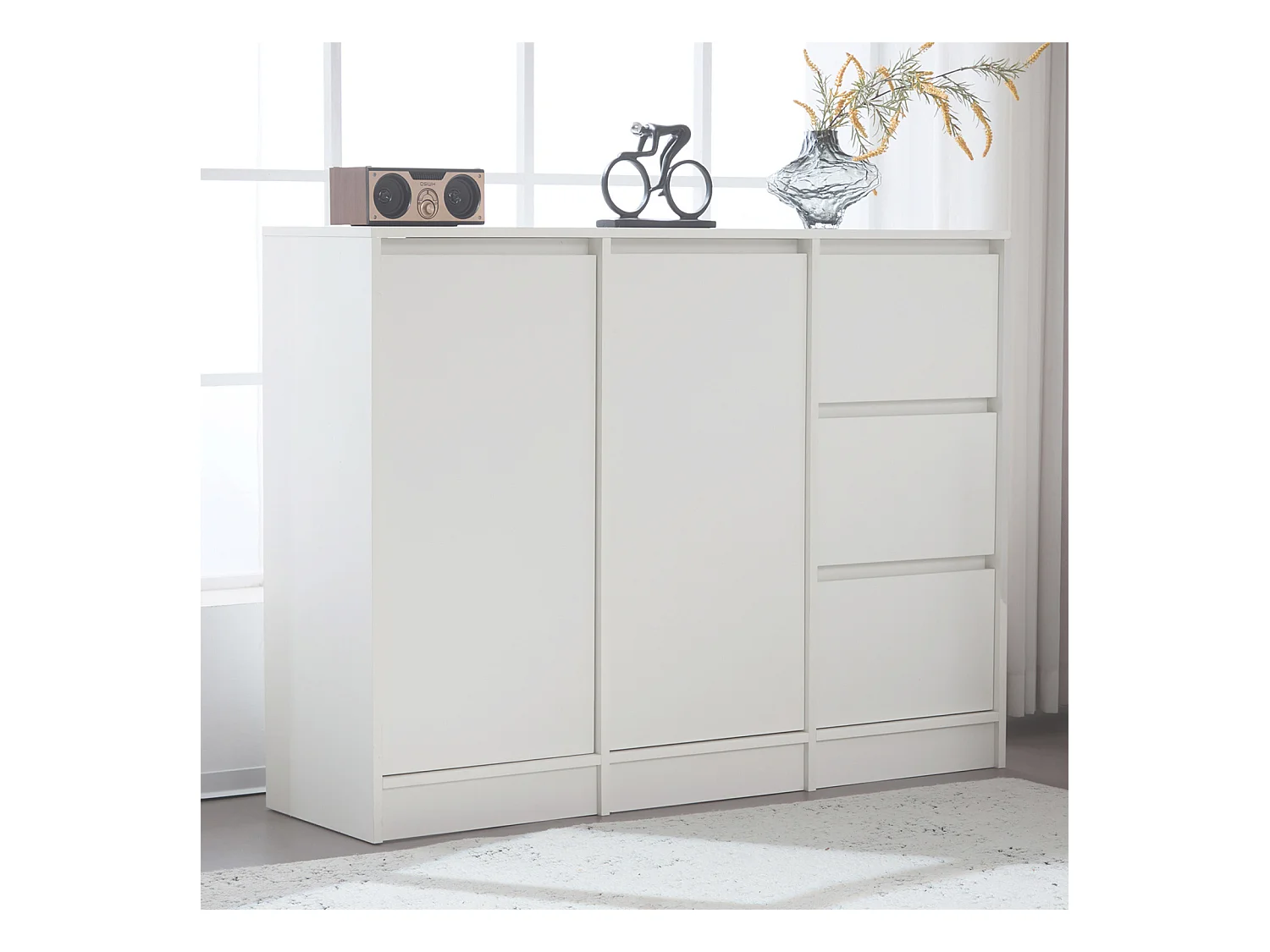 Aparador com 2 portas, 3 gavetas, armário de arrumação para sala de jantar, sala de estar, 120x90x35cm, branco