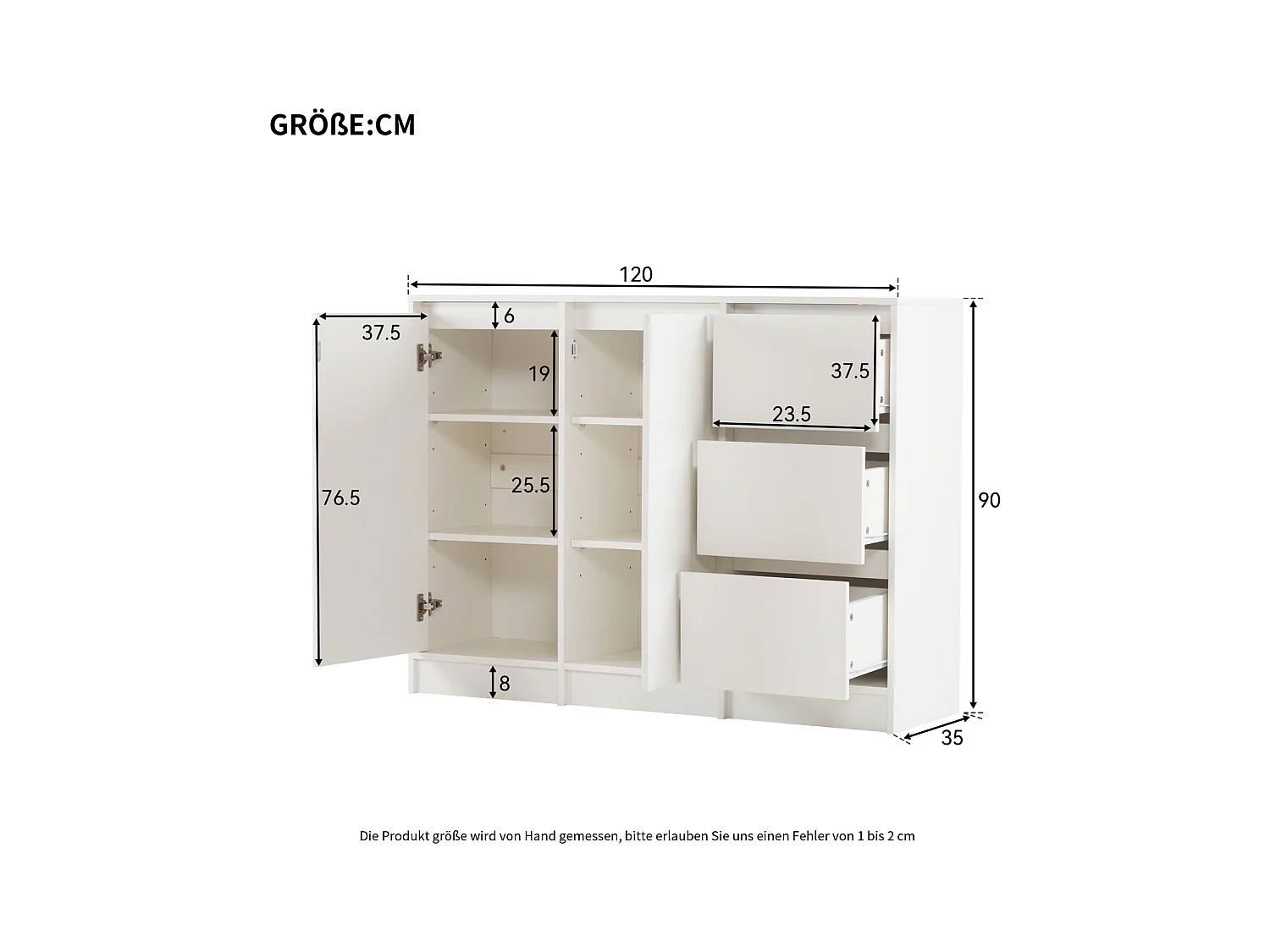 Aparador com 2 portas, 3 gavetas, armário de arrumação para sala de jantar, sala de estar, 120x90x35cm, branco