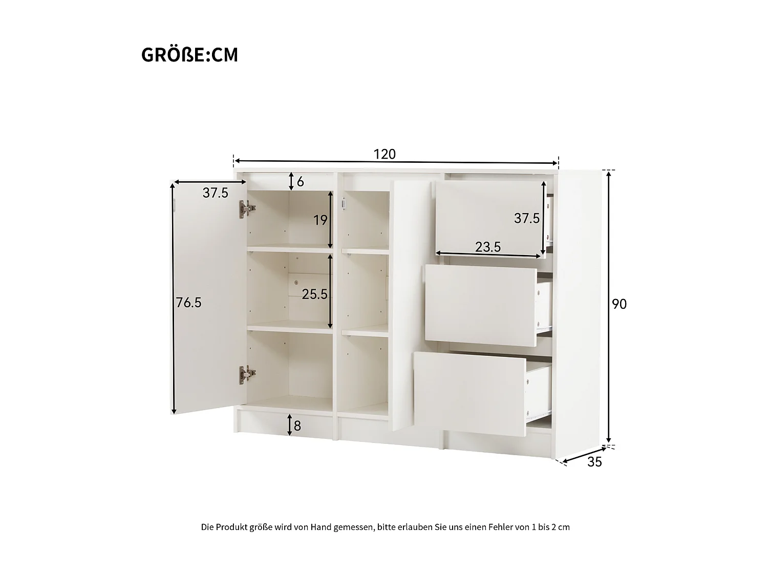 Aparador con 2 puertas, 3 cajones, mueble de almacenaje para comedor, salón, 120x90x35cm, color blanco