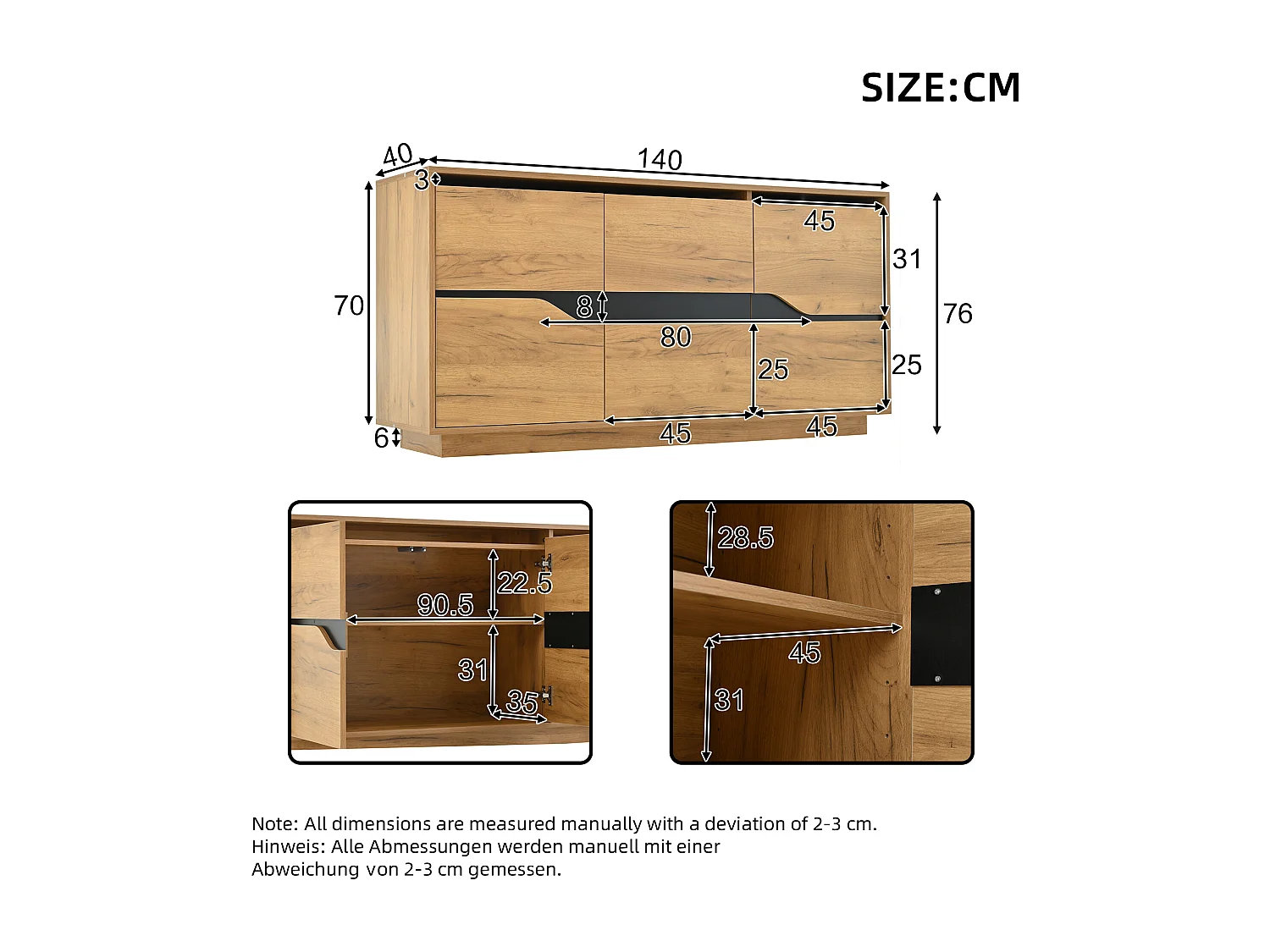 Aparador de salón con 3 puertas, mueble comedor multiusos, almacenaje de madera, 140 x 40 x 76 cm