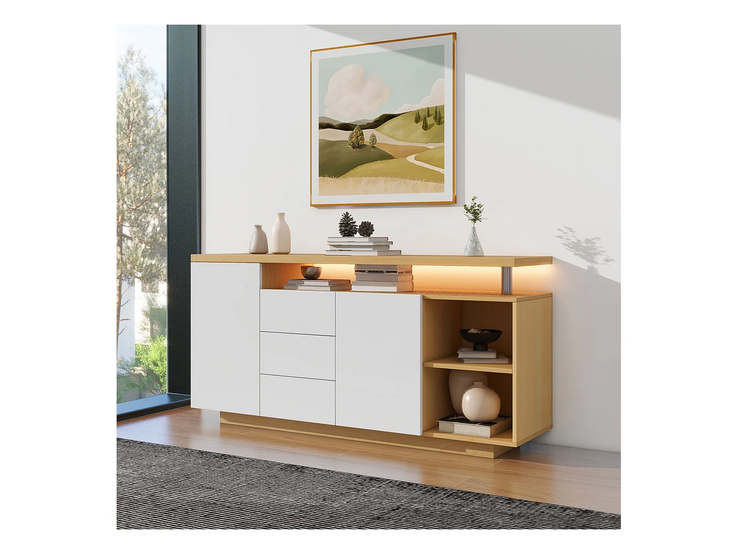 Aparador de cozinha - Cômoda de madeira - Aparador - Móvel de sala - com LED, 140x40x70, Branco