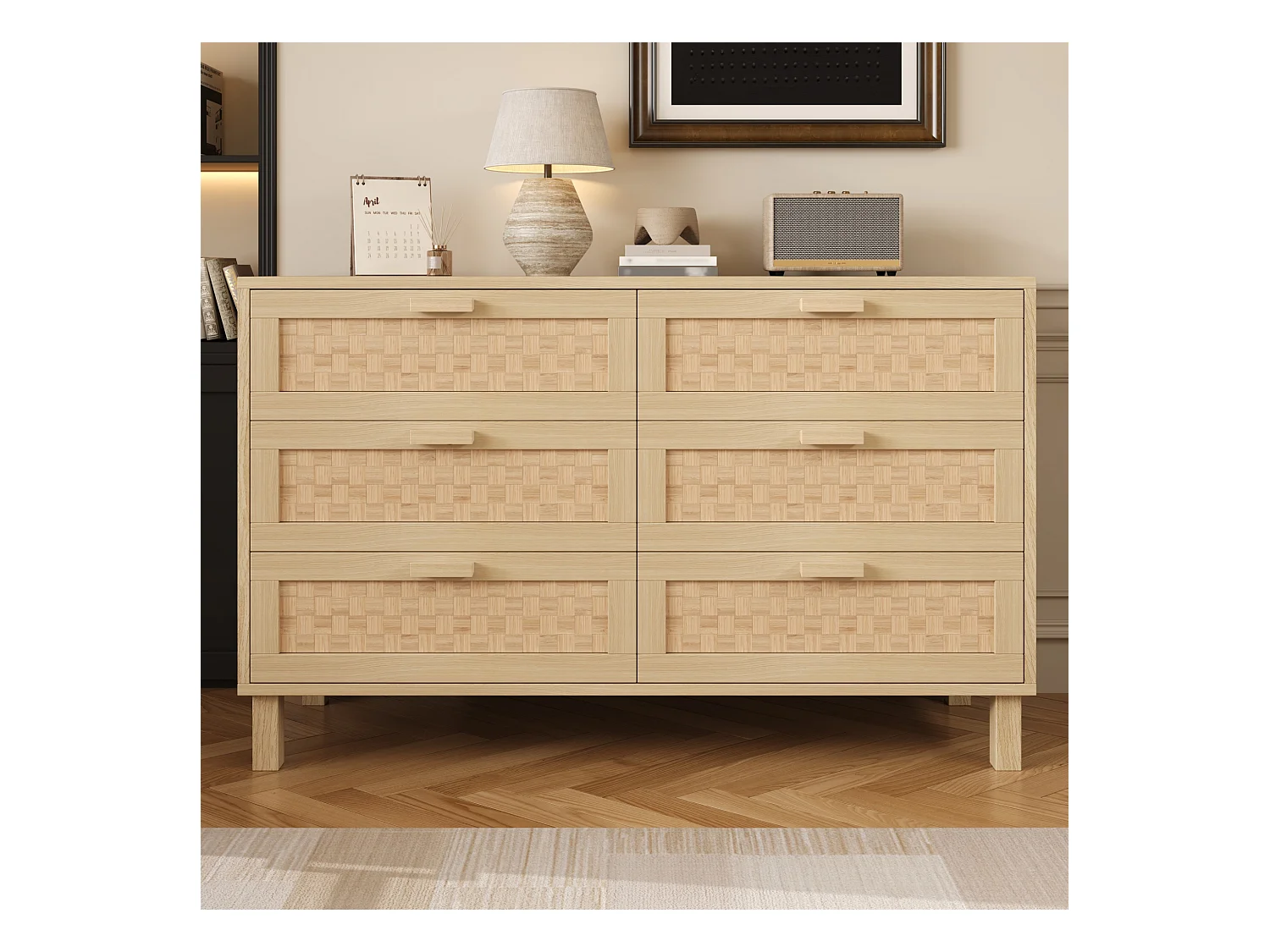 Aparador de madera con 6 cajones de ratán, ideal para salón, dormitorio y comedor, 120 x 75 x 40 cm