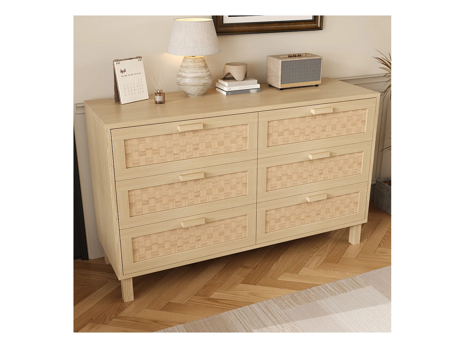 Aparador de madera con 6 cajones de ratán, ideal para salón, dormitorio y comedor, 120 x 75 x 40 cm