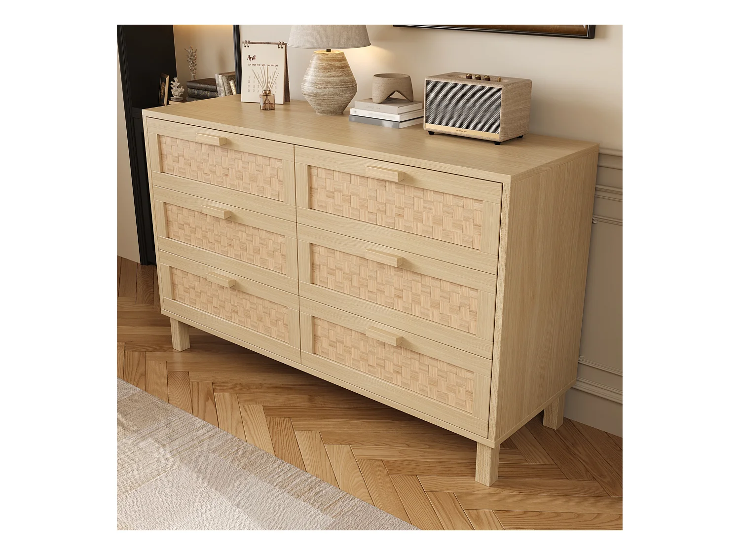 Aparador de madera con 6 cajones de ratán, ideal para salón, dormitorio y comedor, 120 x 75 x 40 cm