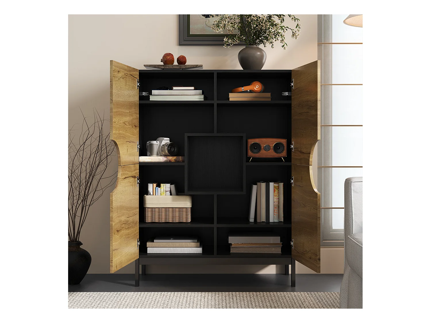 Armário de exposição e sapateira 2 em 1 – Design moderno com prateleiras ajustáveis e amplo espaço de armazenamento