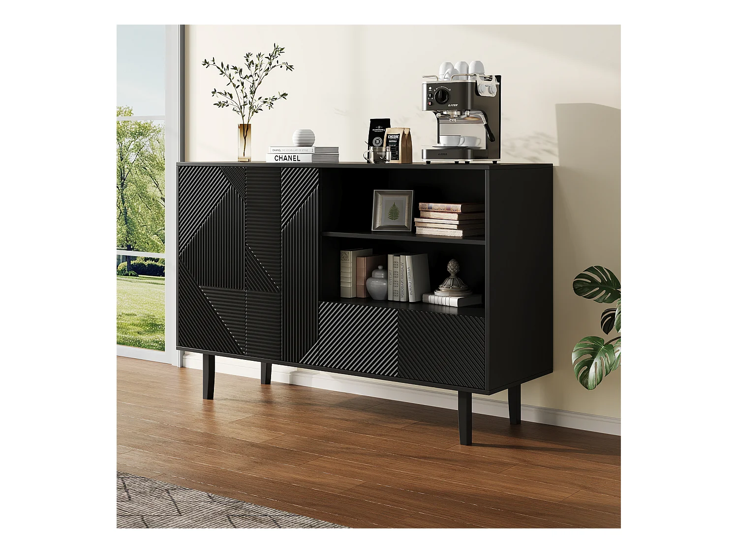 Aparador de sala de estar de 125 cm, móvel de armazenamento com 2 portas e 1 gaveta, cômoda, preto