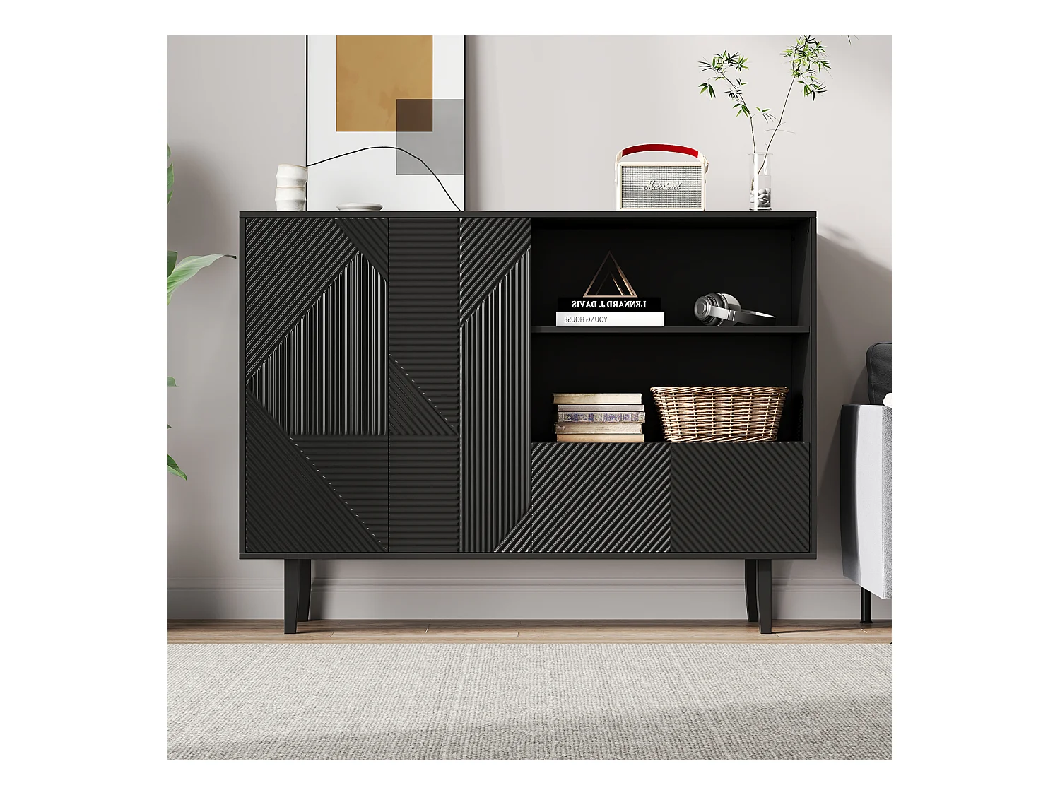 Aparador de sala de estar de 125 cm, móvel de armazenamento com 2 portas e 1 gaveta, cômoda, preto