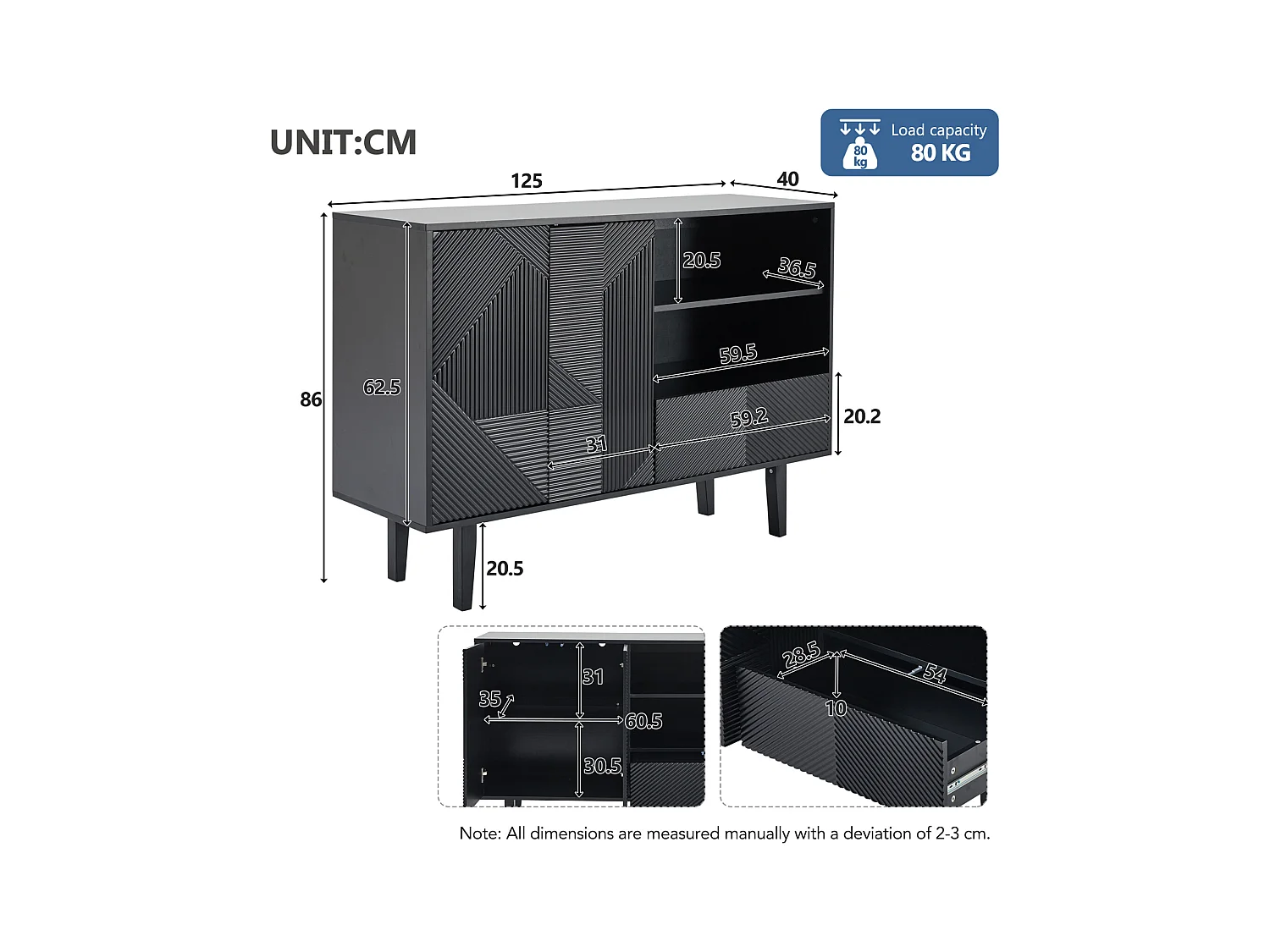 Aparador de sala de estar de 125 cm, móvel de armazenamento com 2 portas e 1 gaveta, cômoda, preto
