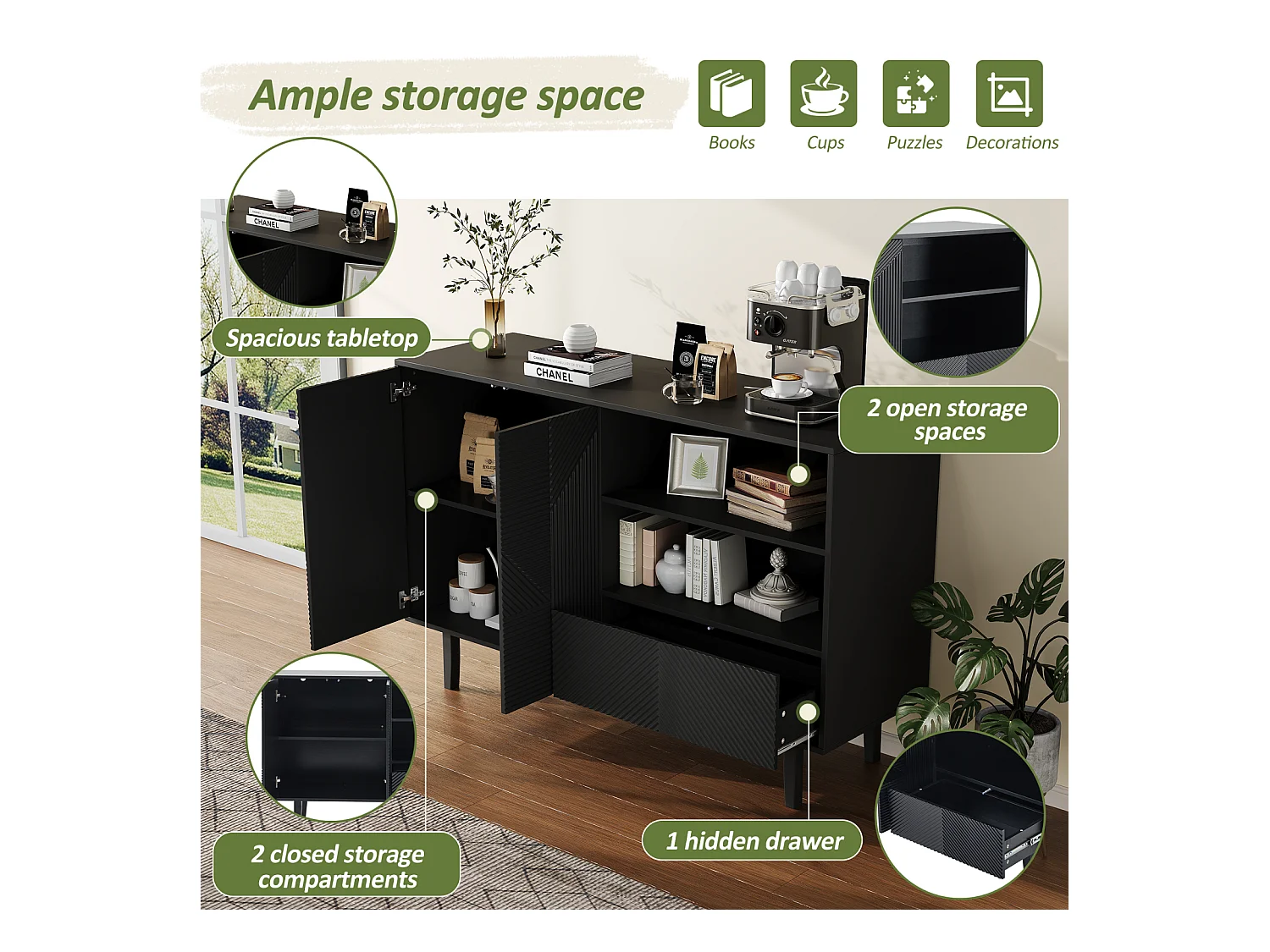 Aparador de sala de estar de 125 cm, móvel de armazenamento com 2 portas e 1 gaveta, cômoda, preto