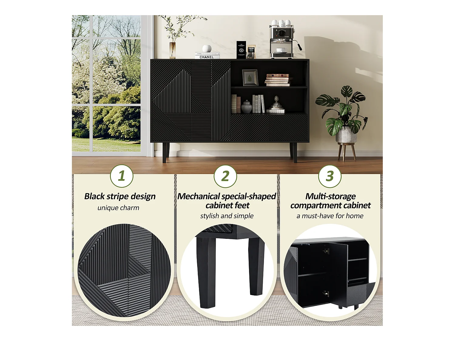 Aparador de sala de estar de 125 cm, móvel de armazenamento com 2 portas e 1 gaveta, cômoda, preto