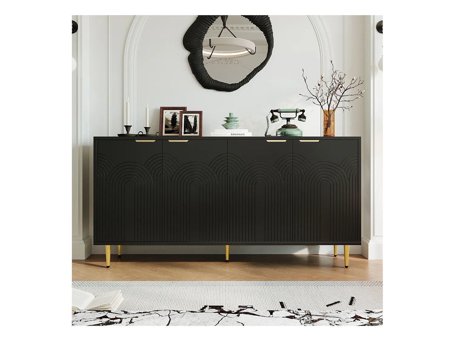 Buffet Rangement Meuble 160×80×40 cm avec 4 Portes - Buffet en Bois pour Cuisine et Salon, Noir