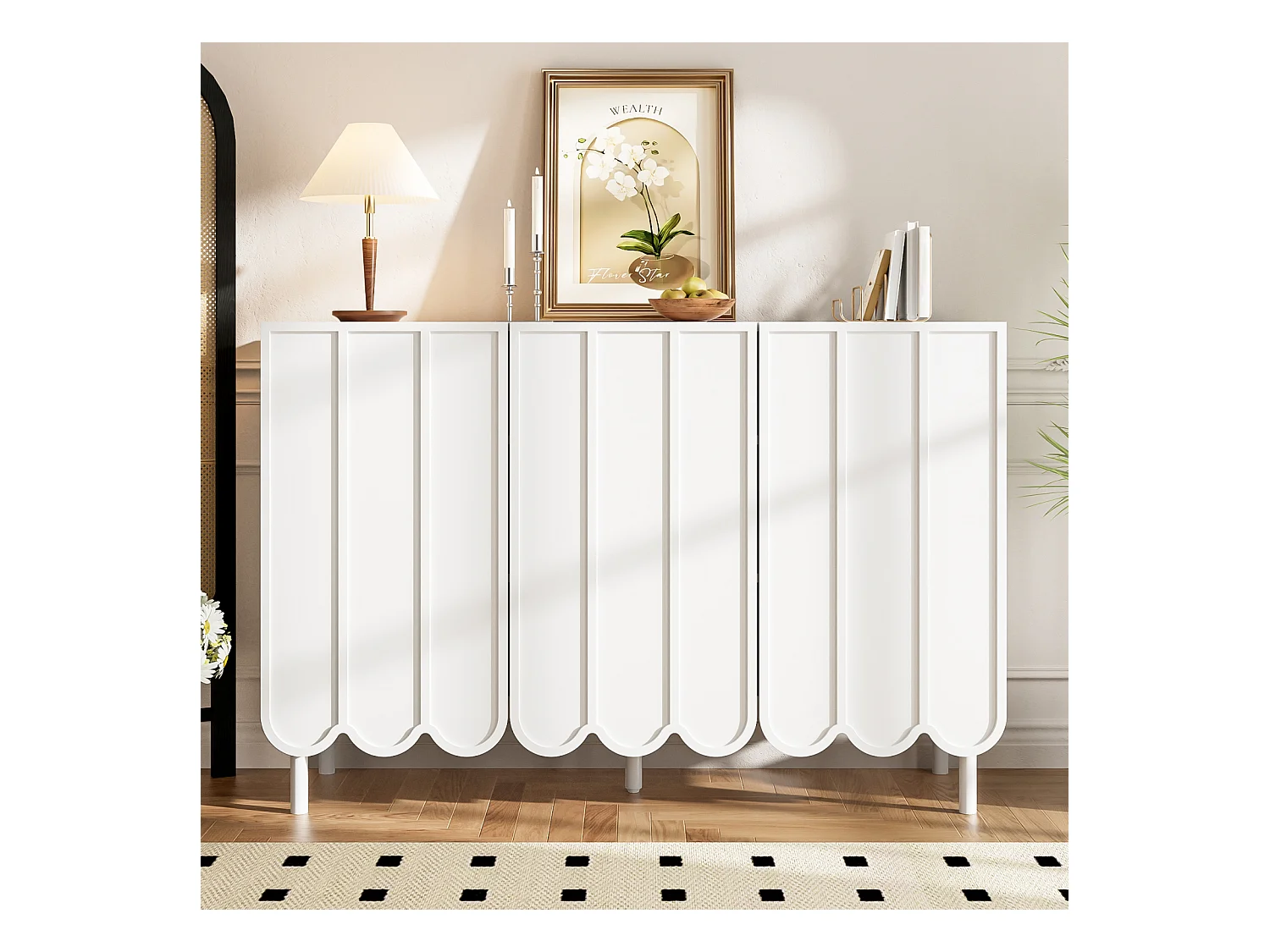 Aparador moderno de madera con puertas onduladas (120 x 35 x 80 cm) para salón, recibidor y comedor, color blanco.
