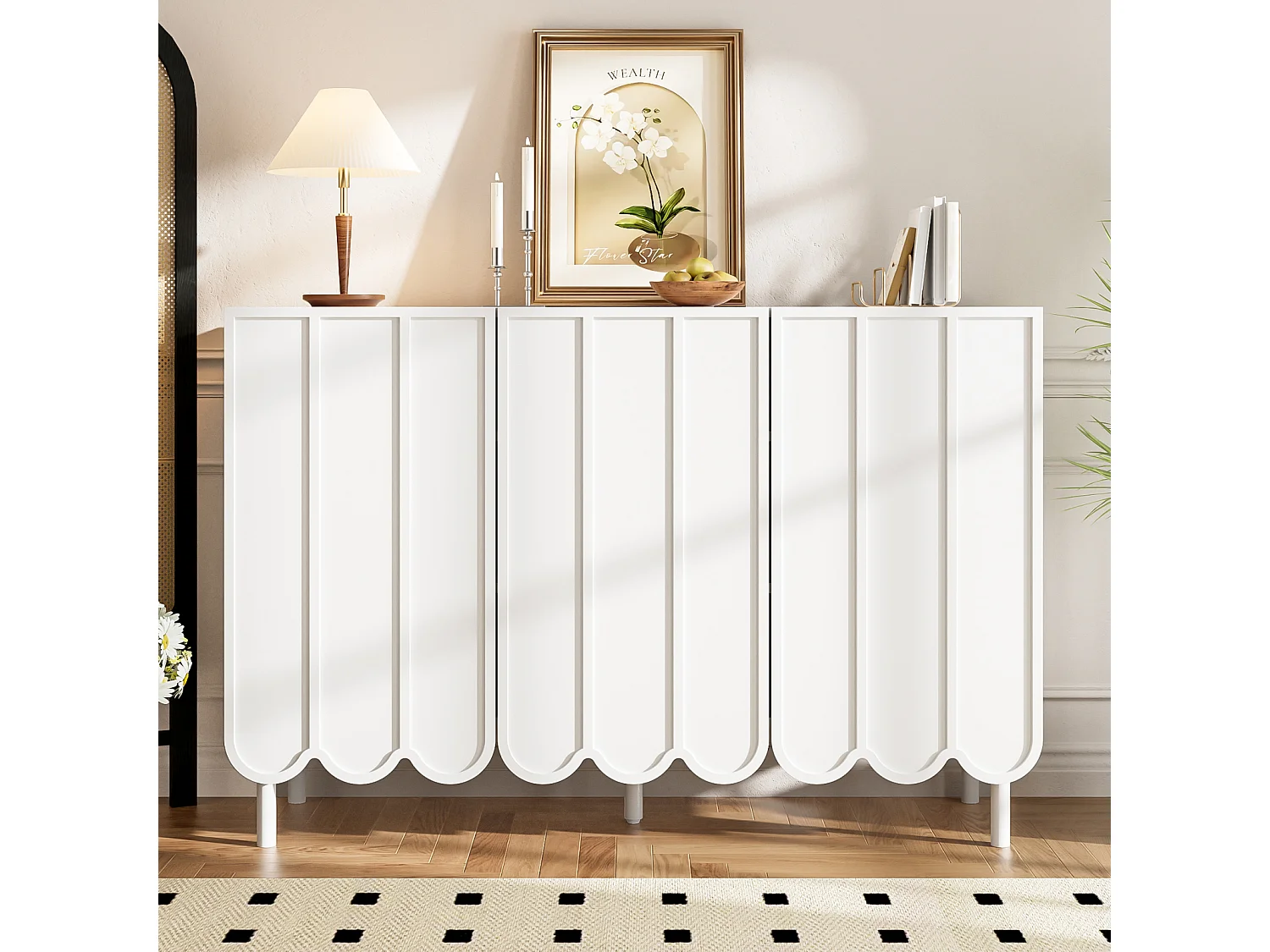 Buffet Moderne en Bois avec Portes ondulées – 120x35x80 cm – pour Salon, Couloir et Salle, blanc