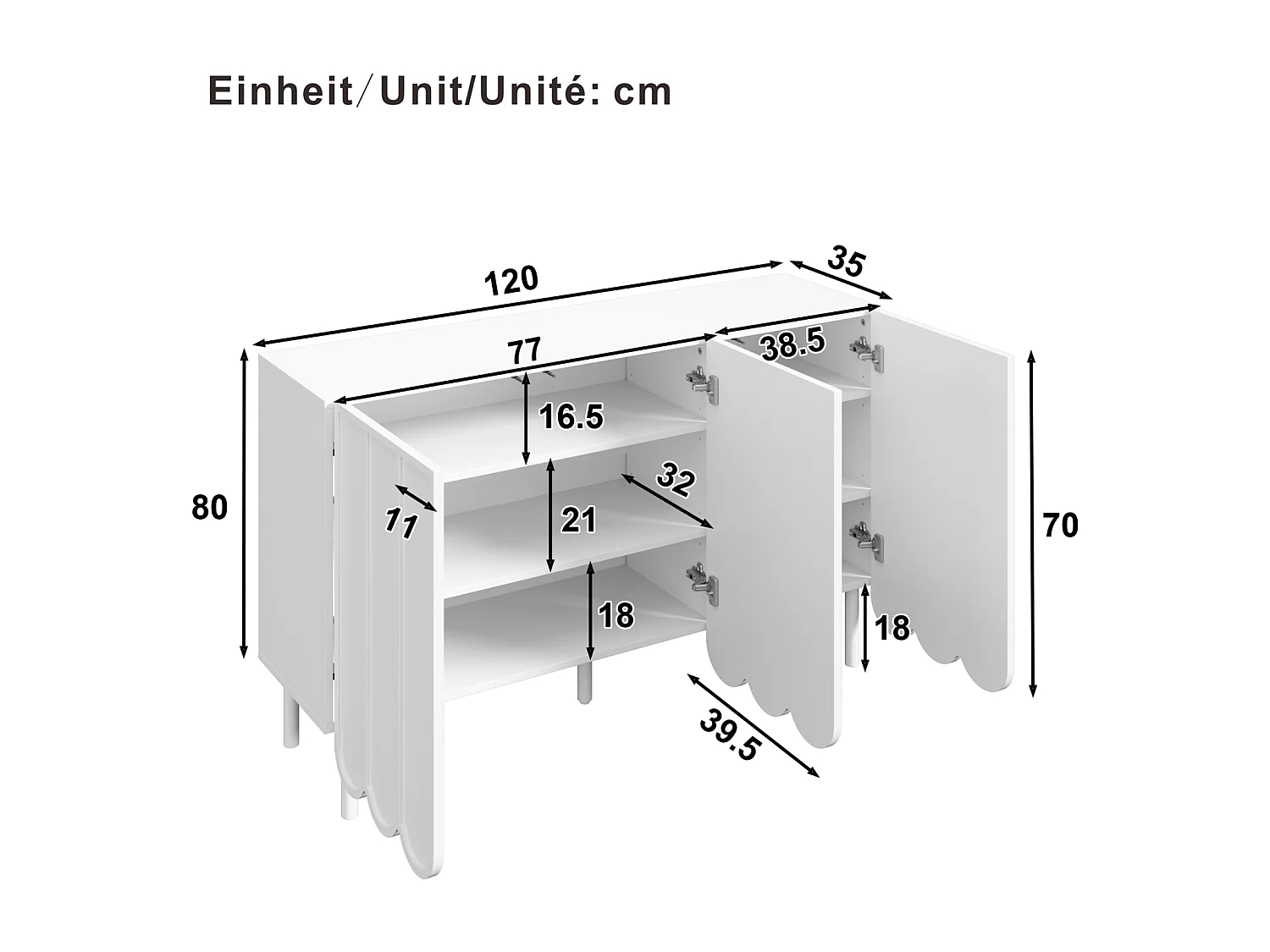 Buffet Moderne en Bois avec Portes ondulées – 120x35x80 cm – pour Salon, Couloir et Salle, blanc