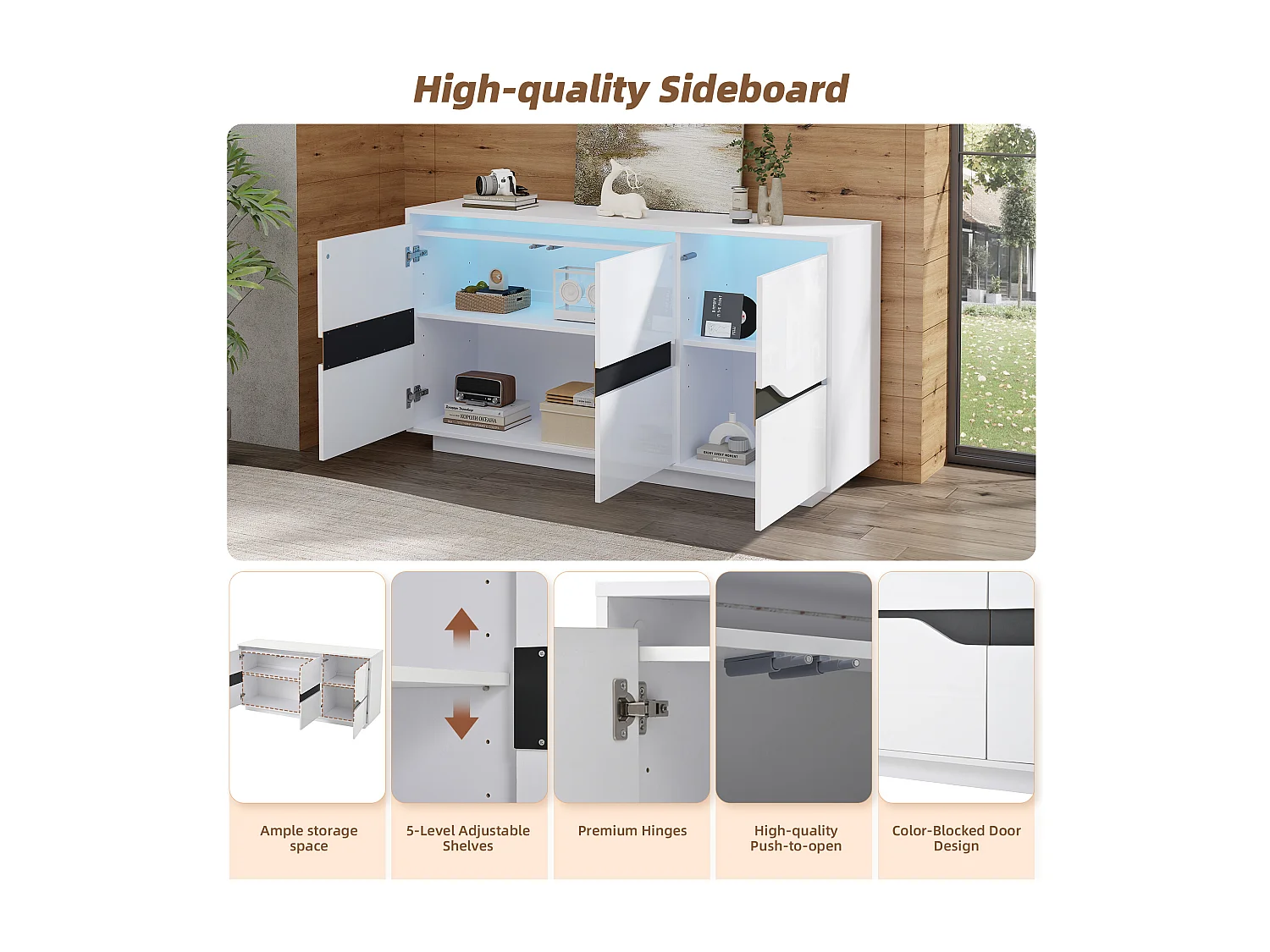 Aparador de salón con 3 puertas, mueble de comedor multiusos, almacenaje blanco, 140 x 40 x 76 cm