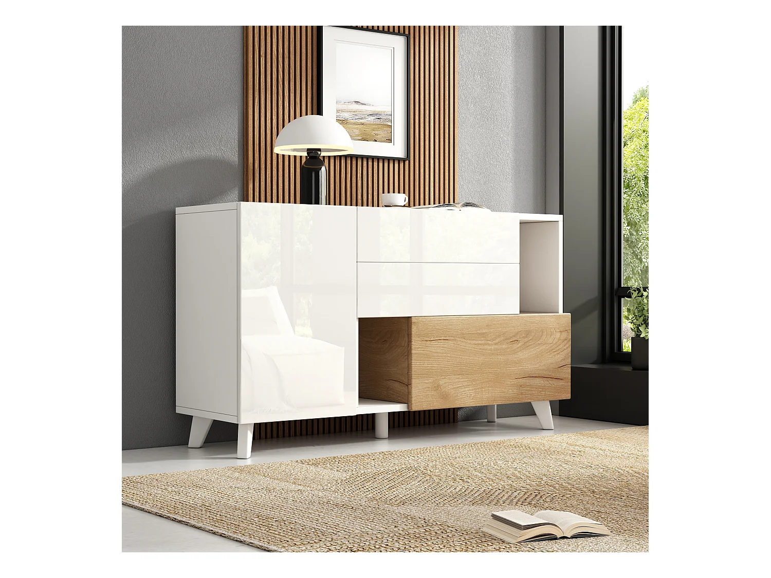 Aparador de comedor moderno con puertas sin tiradores - Blanco - Almacenamiento multifuncional