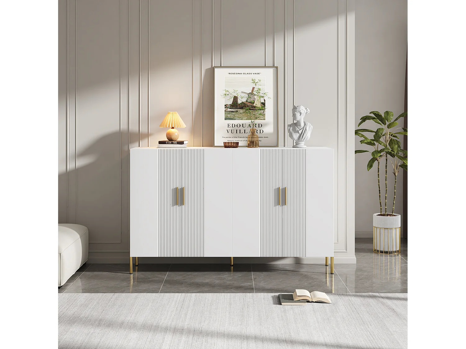 Aparador de quarto com 4 portas, armário de cozinha com decoração dourada, 160x36x100cm, branco