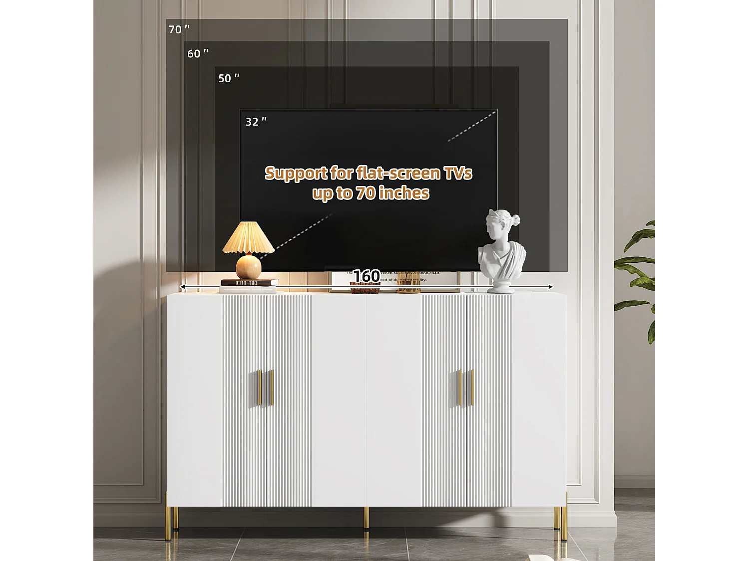 Aparador de quarto com 4 portas, armário de cozinha com decoração dourada, 160x36x100cm, branco