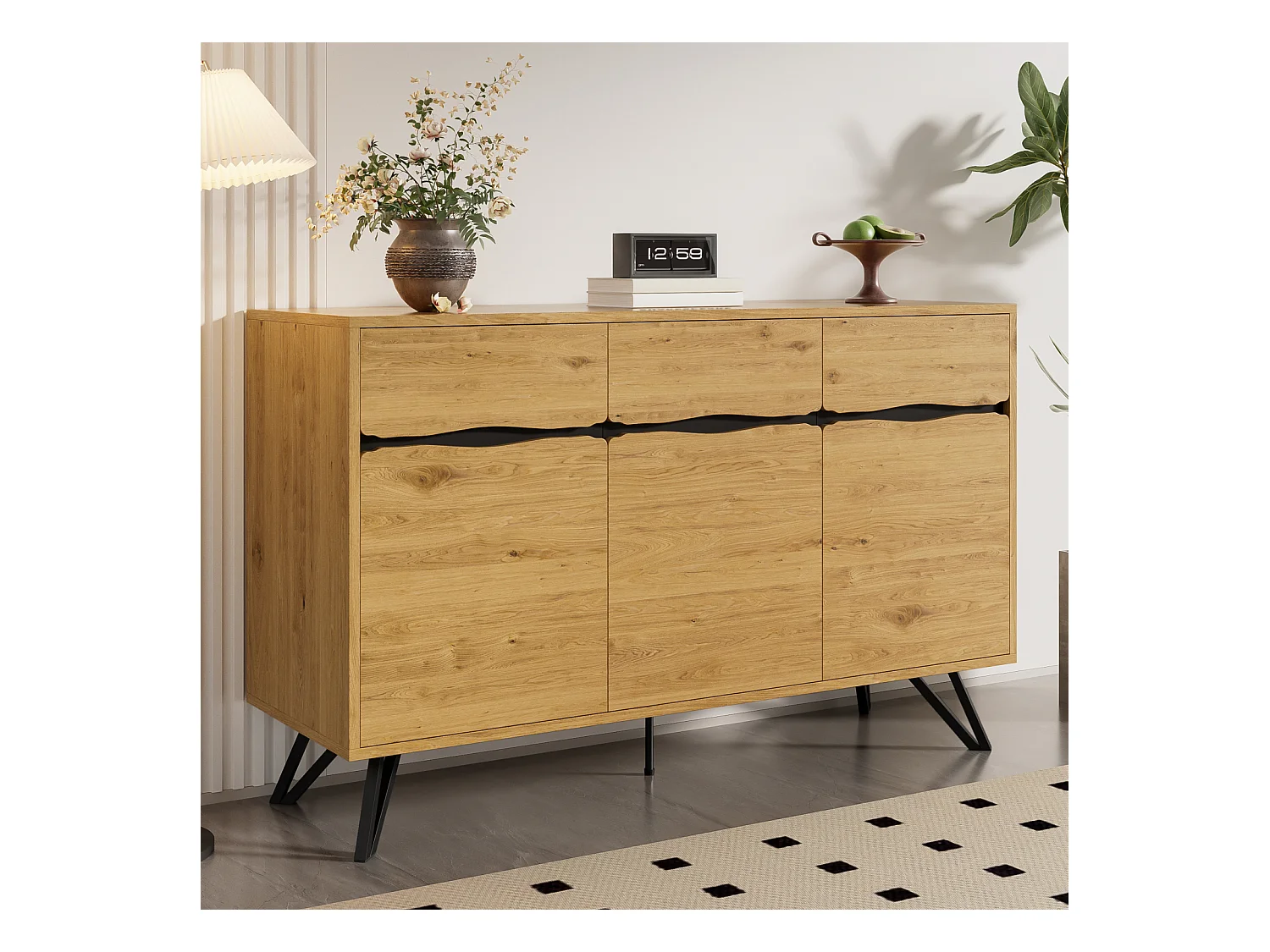 Aparador de 3 puertas con patas de metal, para dormitorio, salón, 140 x 40 x 75,5 cm, Madera