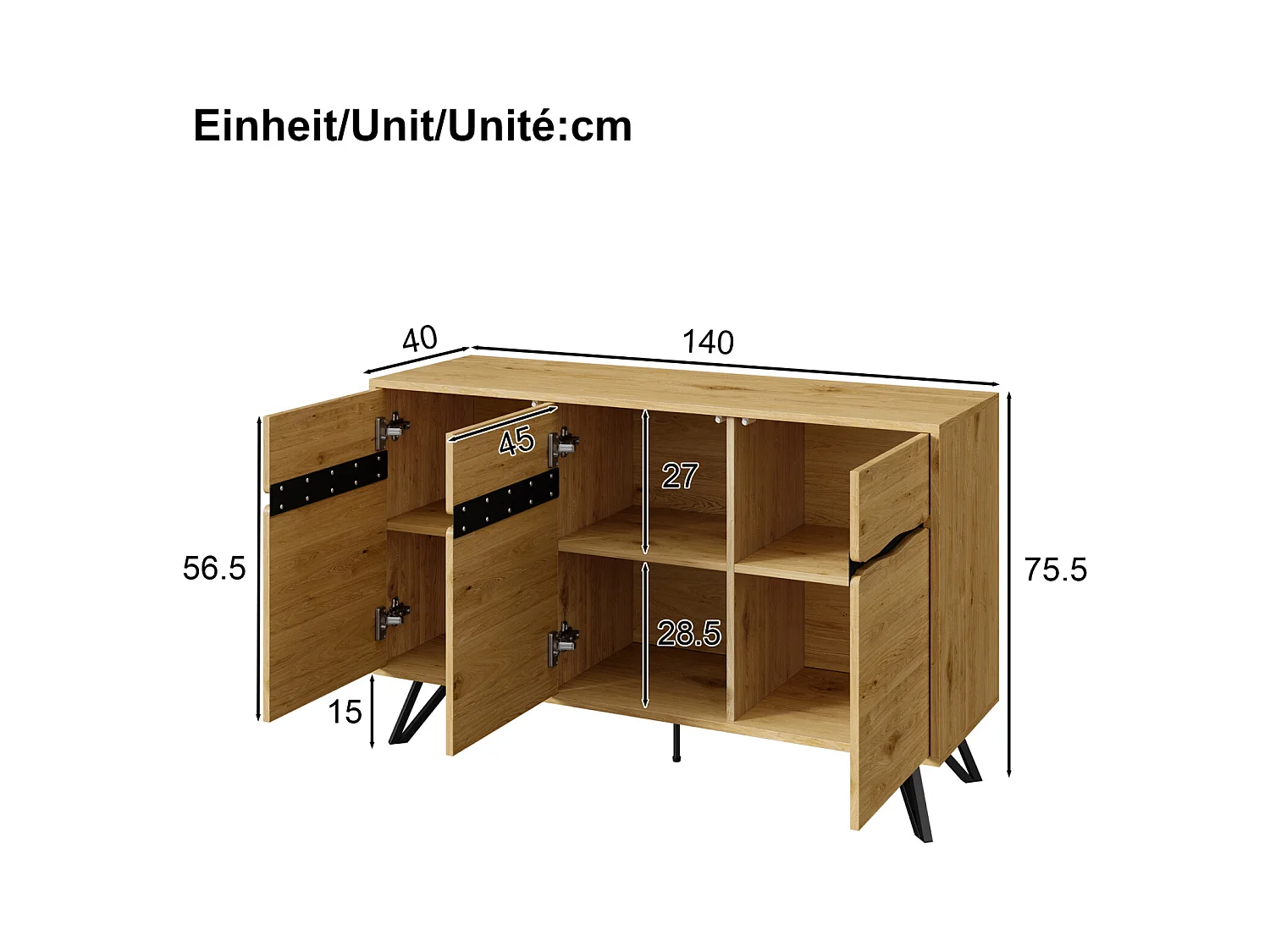 Aparador de 3 puertas con patas de metal, para dormitorio, salón, 140 x 40 x 75,5 cm, Madera