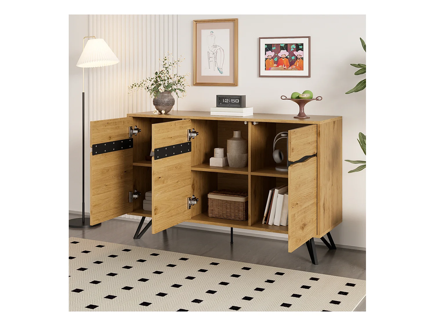 Aparador de 3 puertas con patas de metal, para dormitorio, salón, 140 x 40 x 75,5 cm, Madera