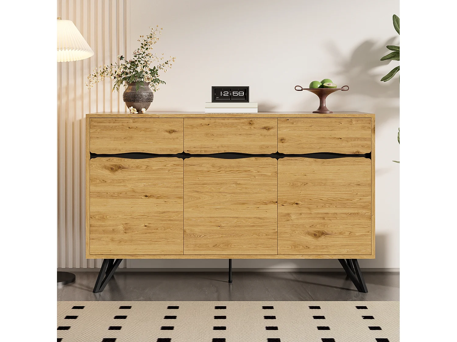 Aparador de 3 puertas con patas de metal, para dormitorio, salón, 140 x 40 x 75,5 cm, Madera