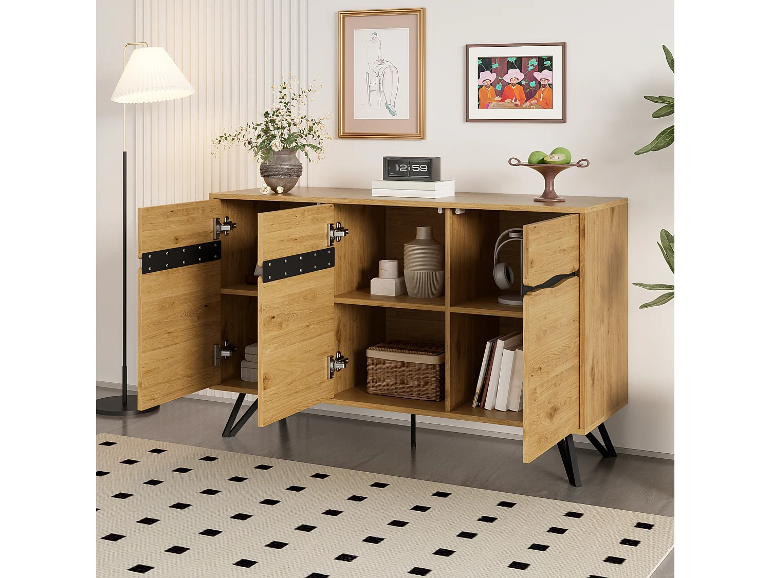 Aparador de 3 puertas con patas de metal, para dormitorio, salón, 140 x 40 x 75,5 cm, Madera